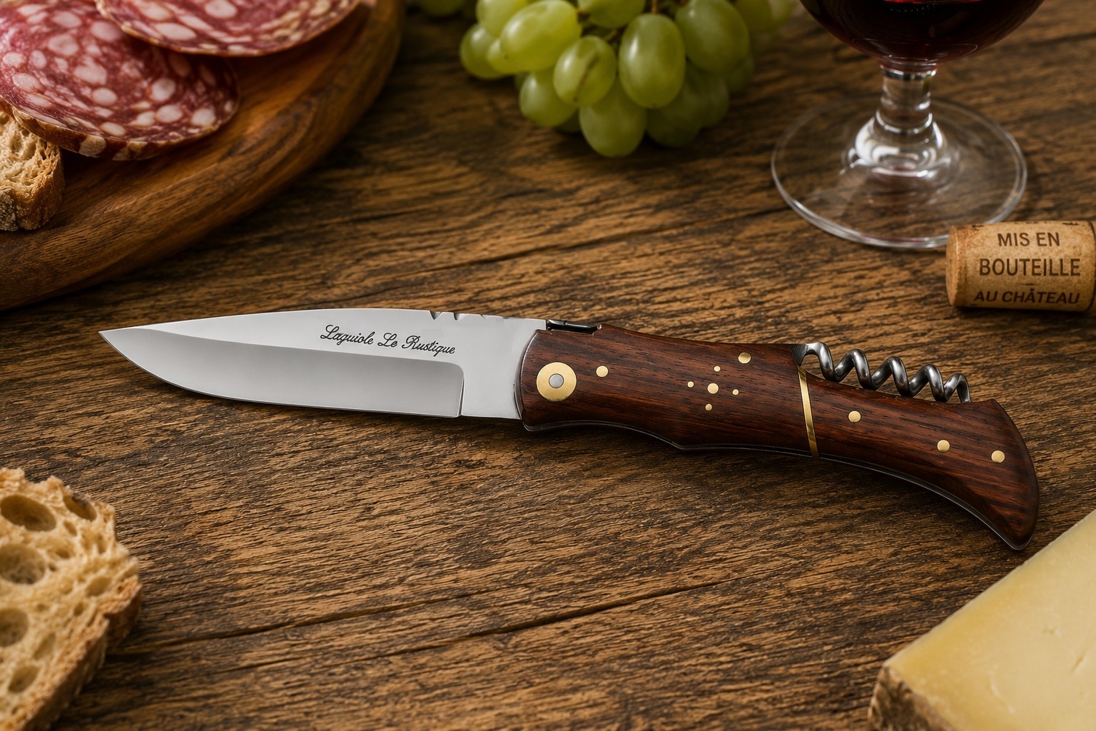 Couteau Laguiole pliant bois dacacia posé sur une table dapéritif avec vin et fromage