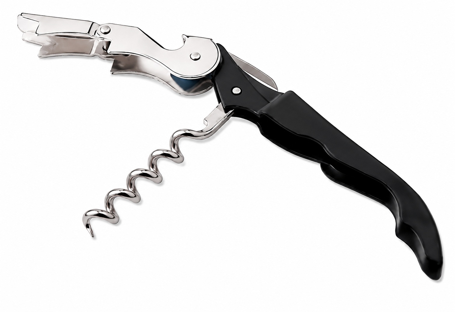 Tire-bouchon de serveur noir avec coupe-capsule, levier double articulation et mèche en acier inoxydable.