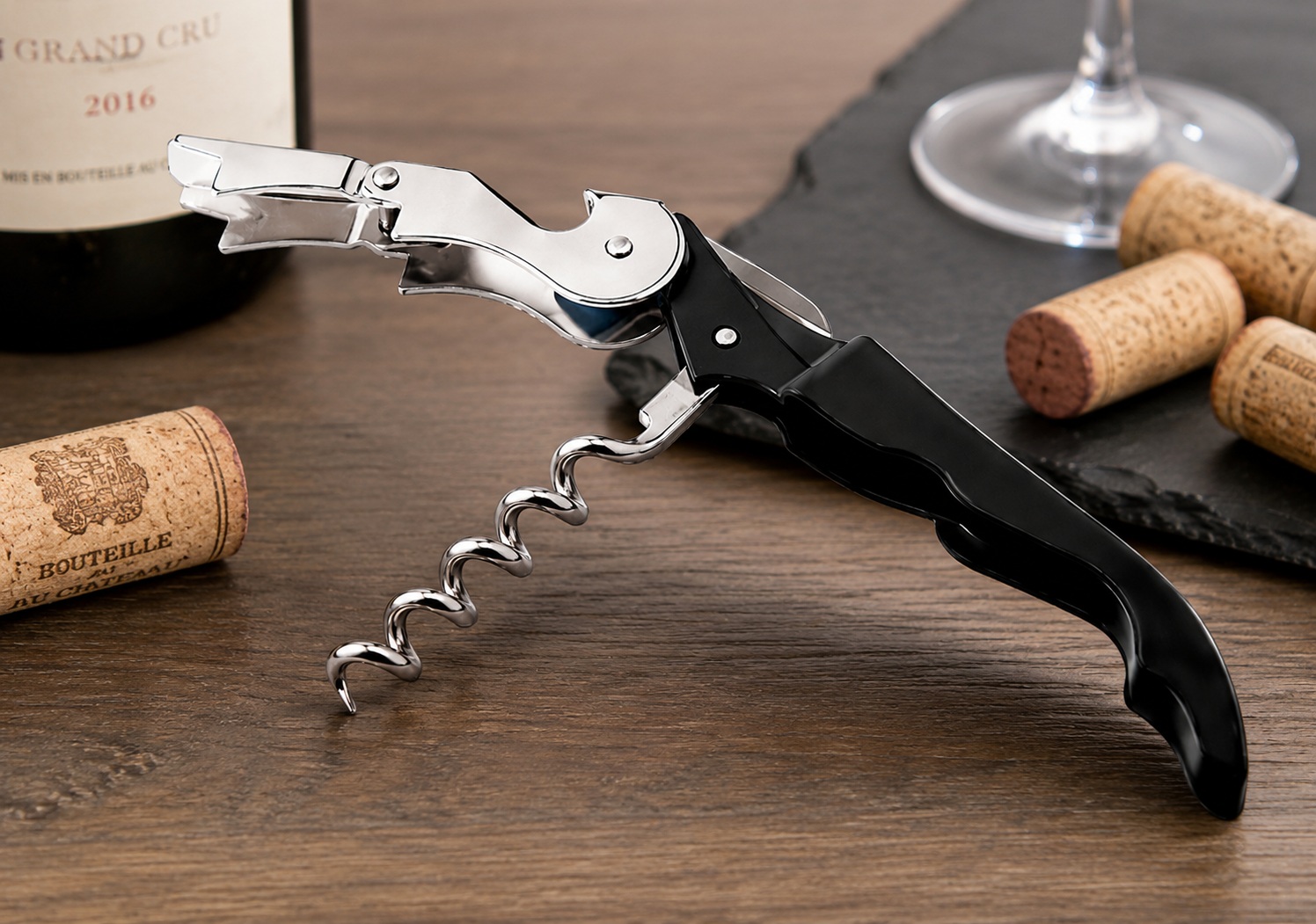 Tire-bouchon sommelier noir utilisé pour l’ouverture d’une bouteille de vin rouge sur table en bois avec bouchons de liège.