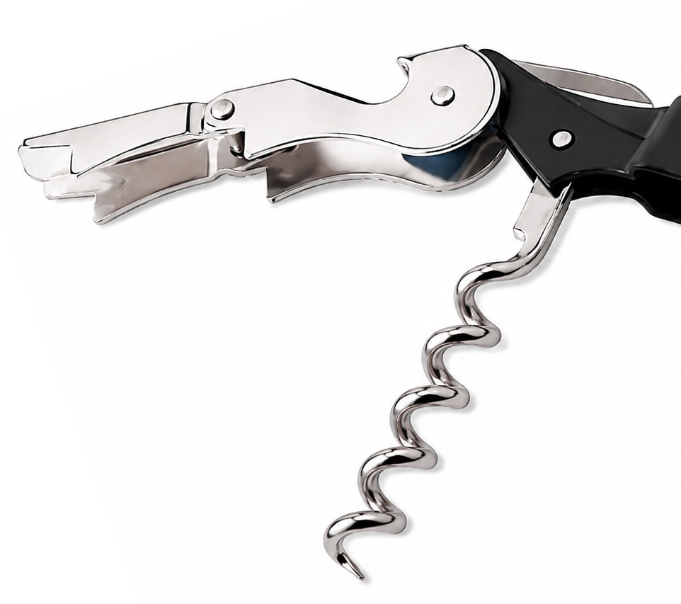 Tire-bouchon sommelier professionnel avec levier double appui et vrille en acier inoxydable sur fond blanc.