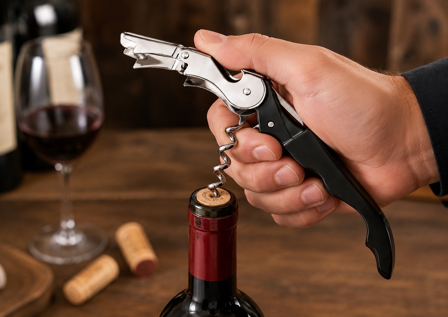 Tire-bouchon sommelier professionnel utilisé par une main d’homme pour ouvrir une bouteille de vin rouge.