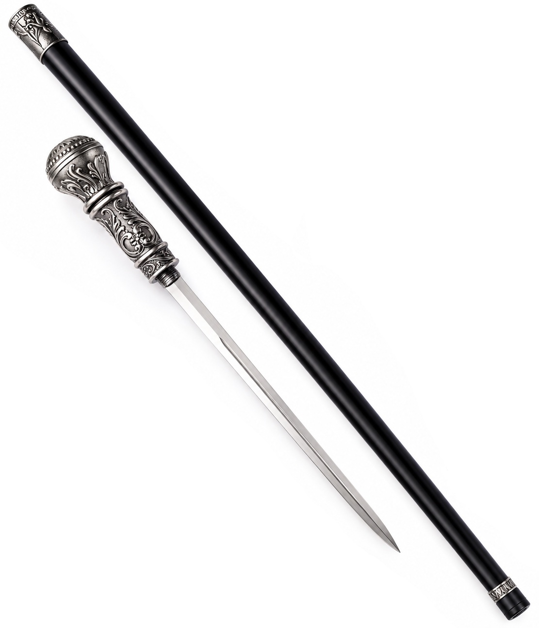 Canne épée de luxe noire avec lame en acier dissimulée et poignée argentée gravée