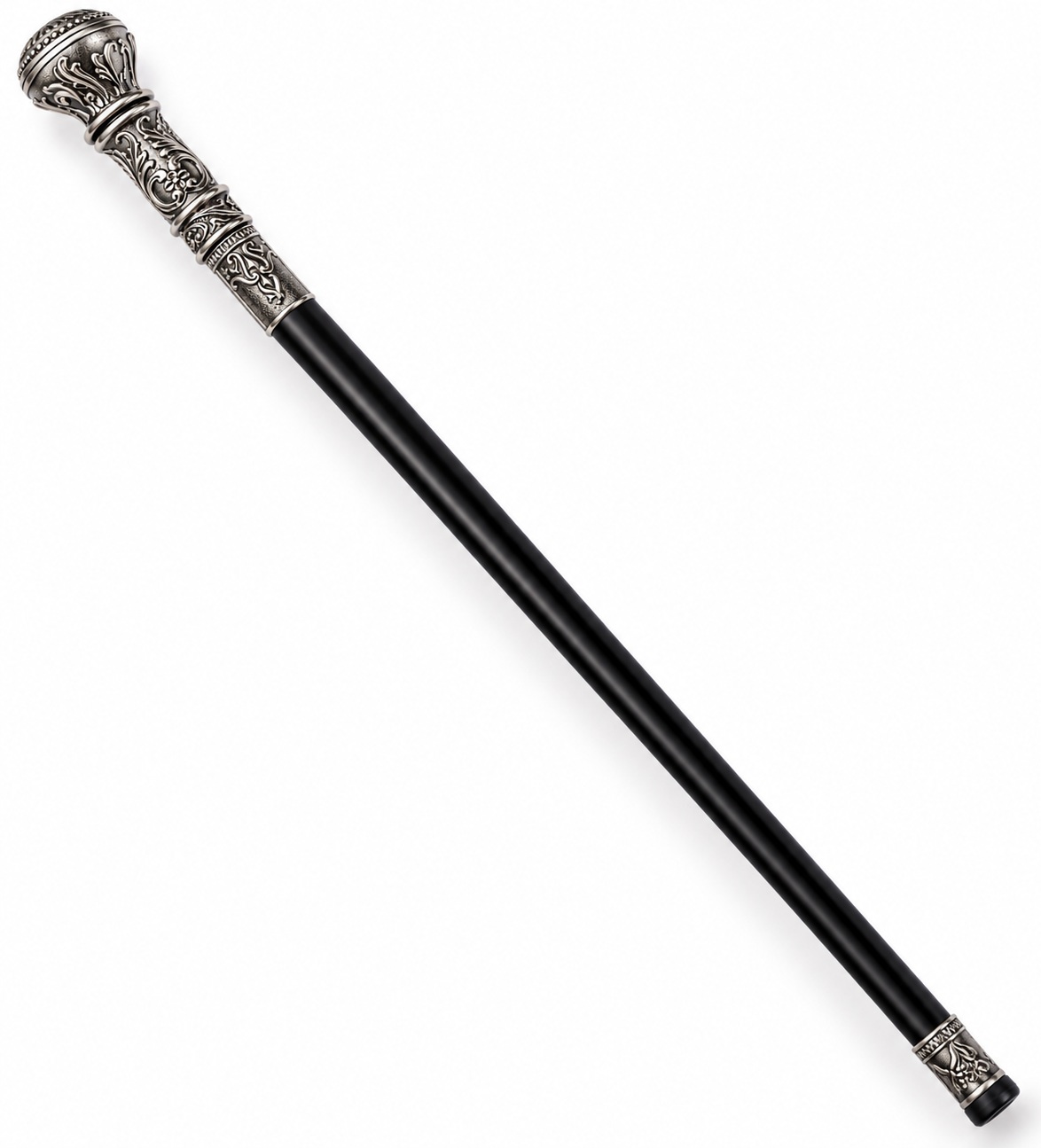 Canne épée noire de collection avec poignée argentée ornée style victorien