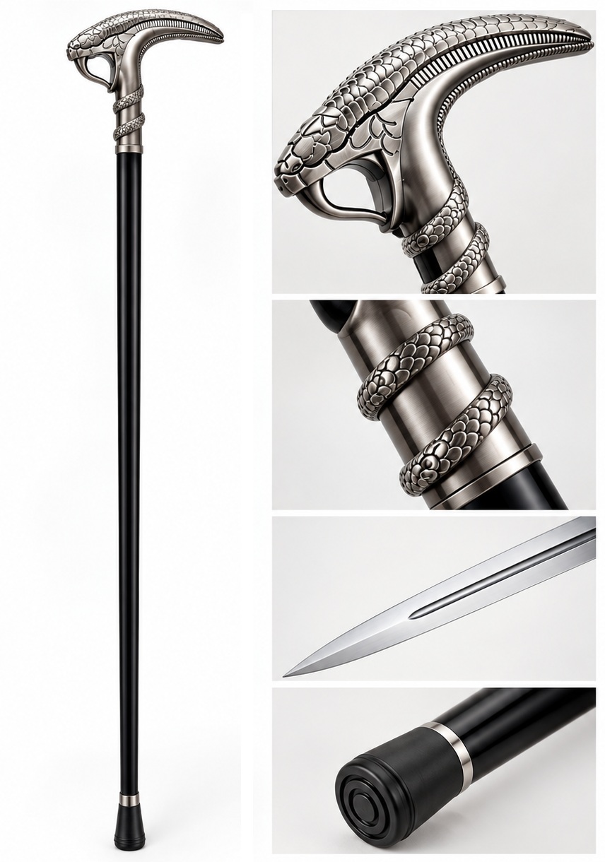 Canne épée serpent cobra 92 cm vue complète et détails de finition