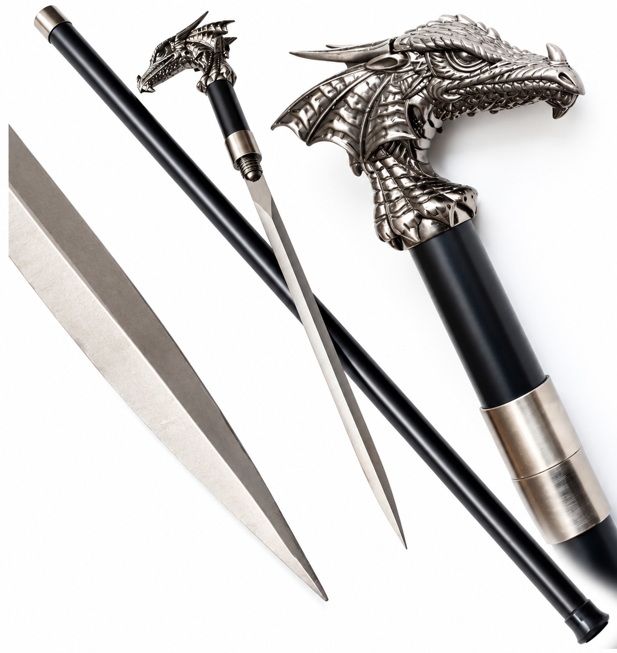 Canne épée Dragon 96 cm noire et argentée avec lame intégrée en acier inoxydable
