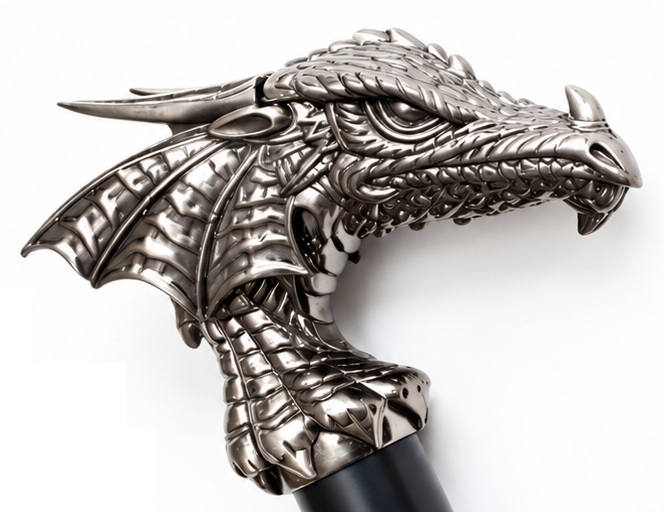 Poignée tête de dragon détaillée de la canne épée Dragon luxe en métal argenté