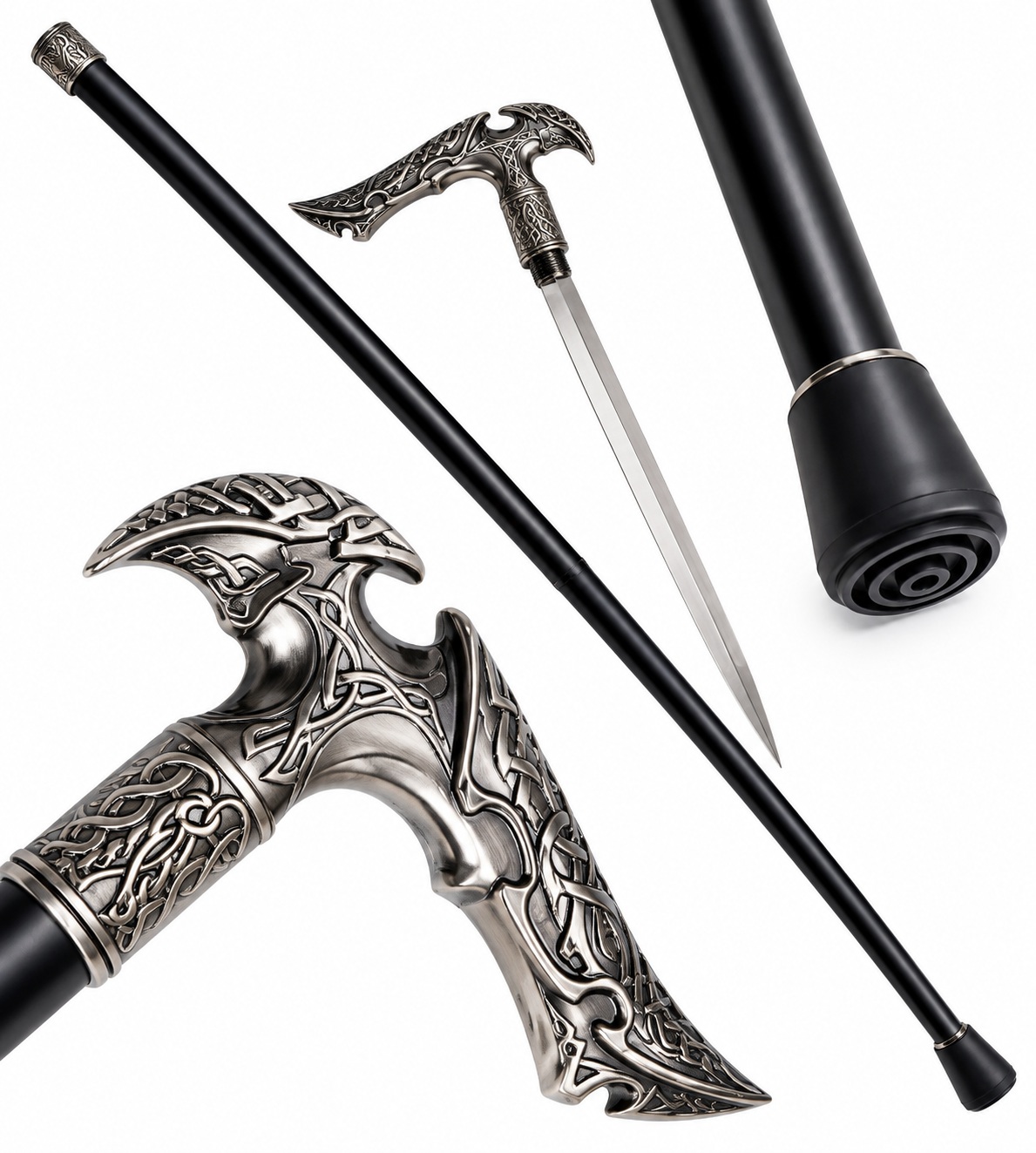 Canne épée noire de luxe avec poignée gravée, lame inox intégrée et finitions premium