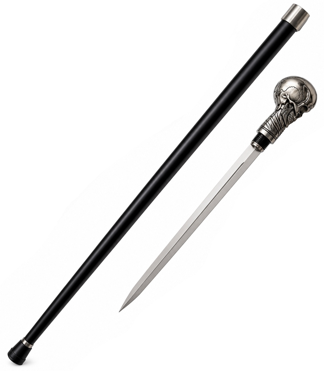 Canne épée squelette luxe 92 cm avec poignée tête de mort en acier inoxydable et lame intégrée de 34 cm.
