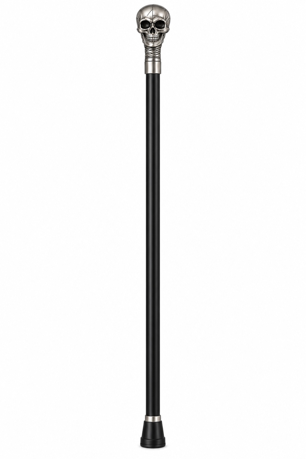 Canne épée squelette luxe 92 cm vue de face avec poignée tête de mort en acier inoxydable et bâton de marche élégant.