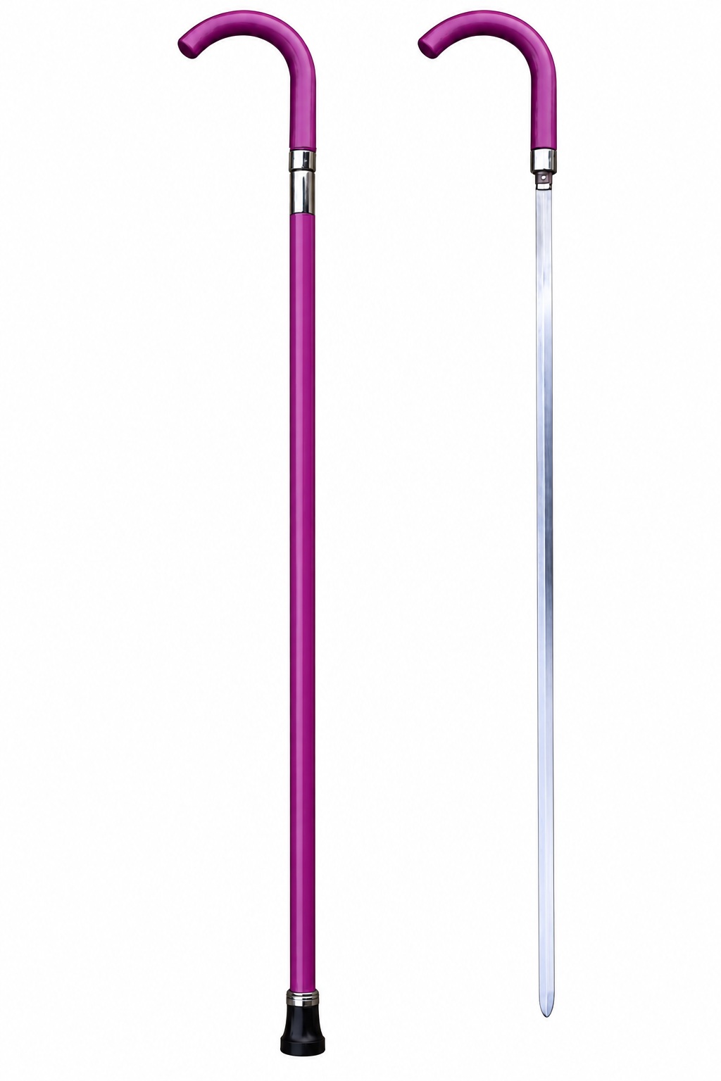 Canne épée femme luxe violette 96 cm présentée ouverte et fermée avec lame en acier inoxydable