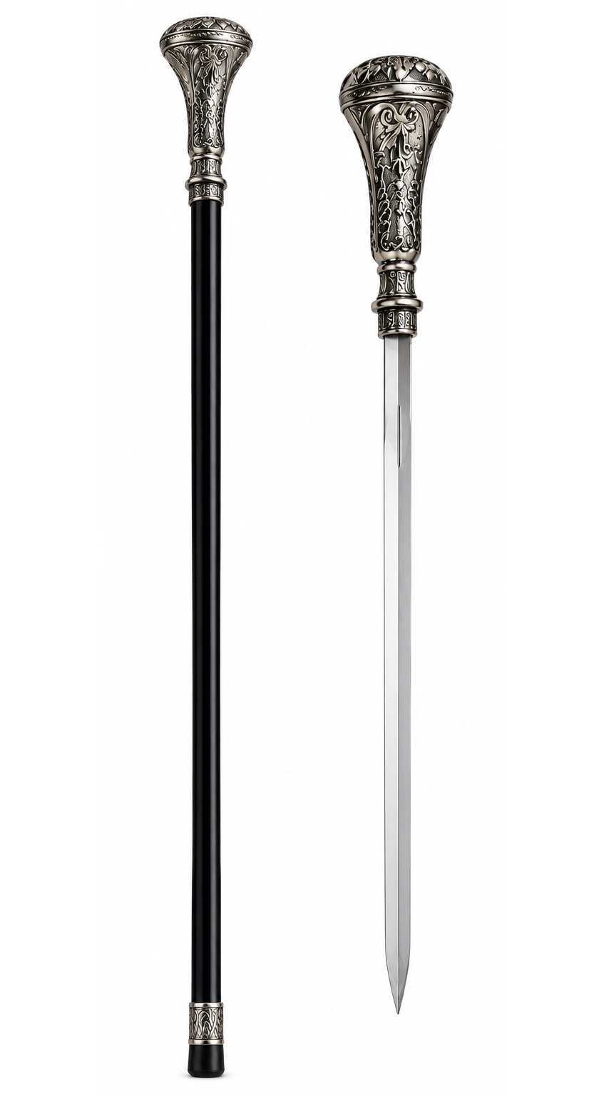 Canne épée Gentleman Luxe de 93 cm présentée fermée et ouverte avec lame en acier inoxydable sur fond blanc.