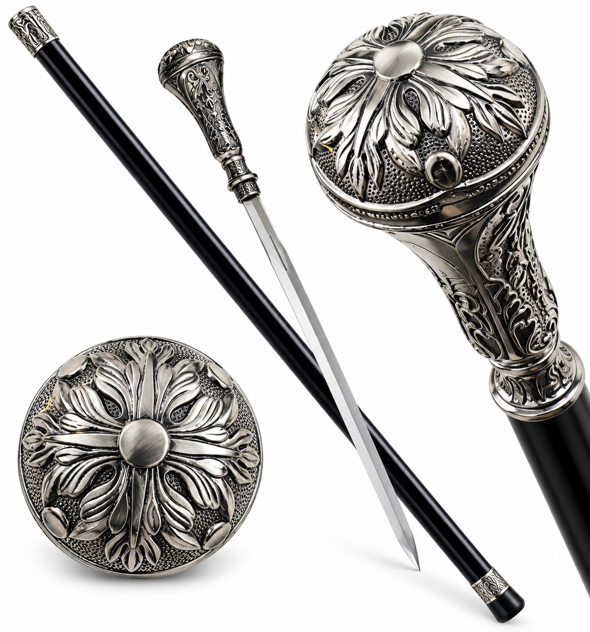 Canne épée Gentleman Luxe noire avec poignée argentée finement gravée, lame en acier inoxydable apparente et détails décoratifs de la poignée
