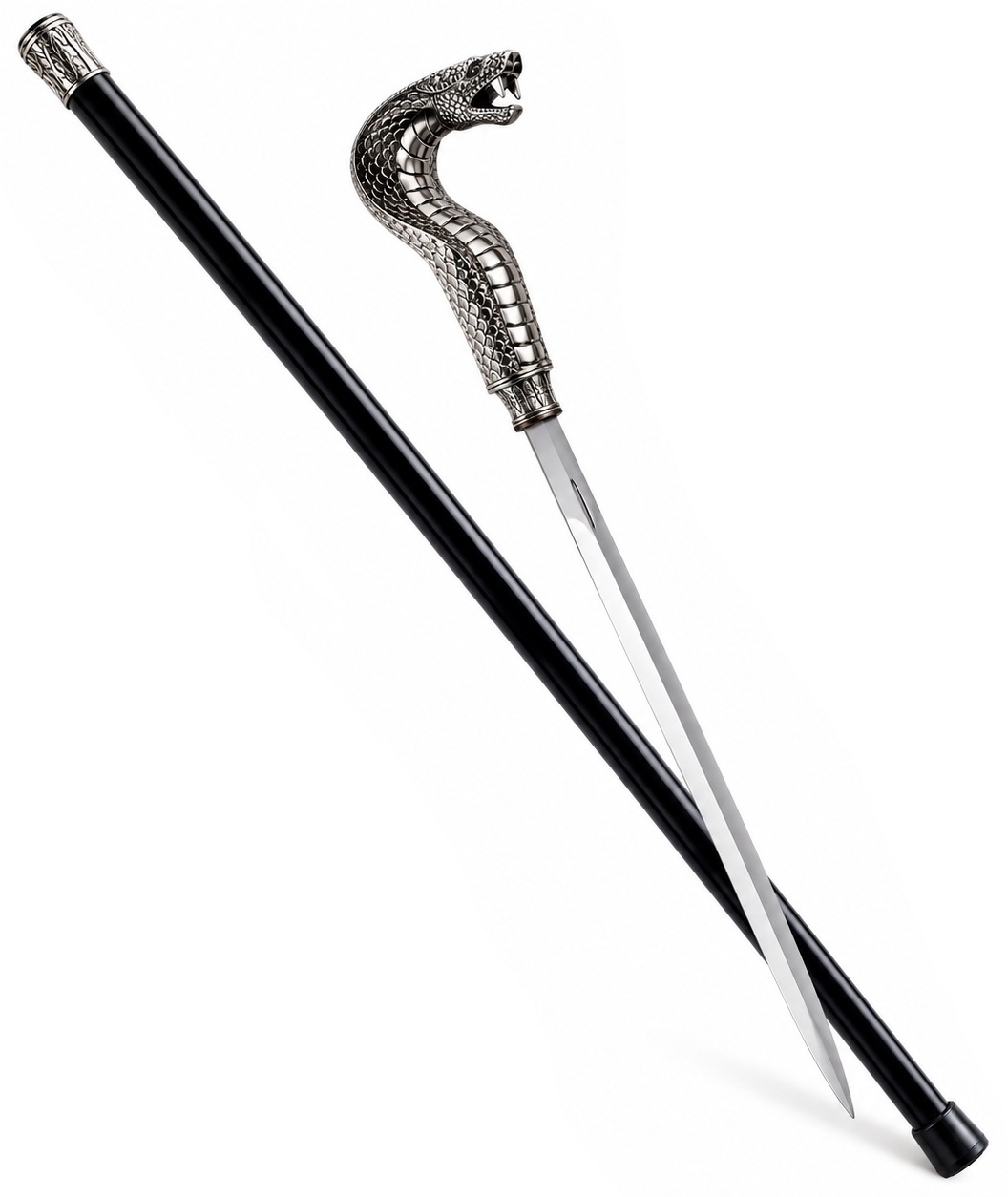 Canne épée cobra argentée avec lame en acier inoxydable déployée, poignée serpent détaillée et fourreau noir