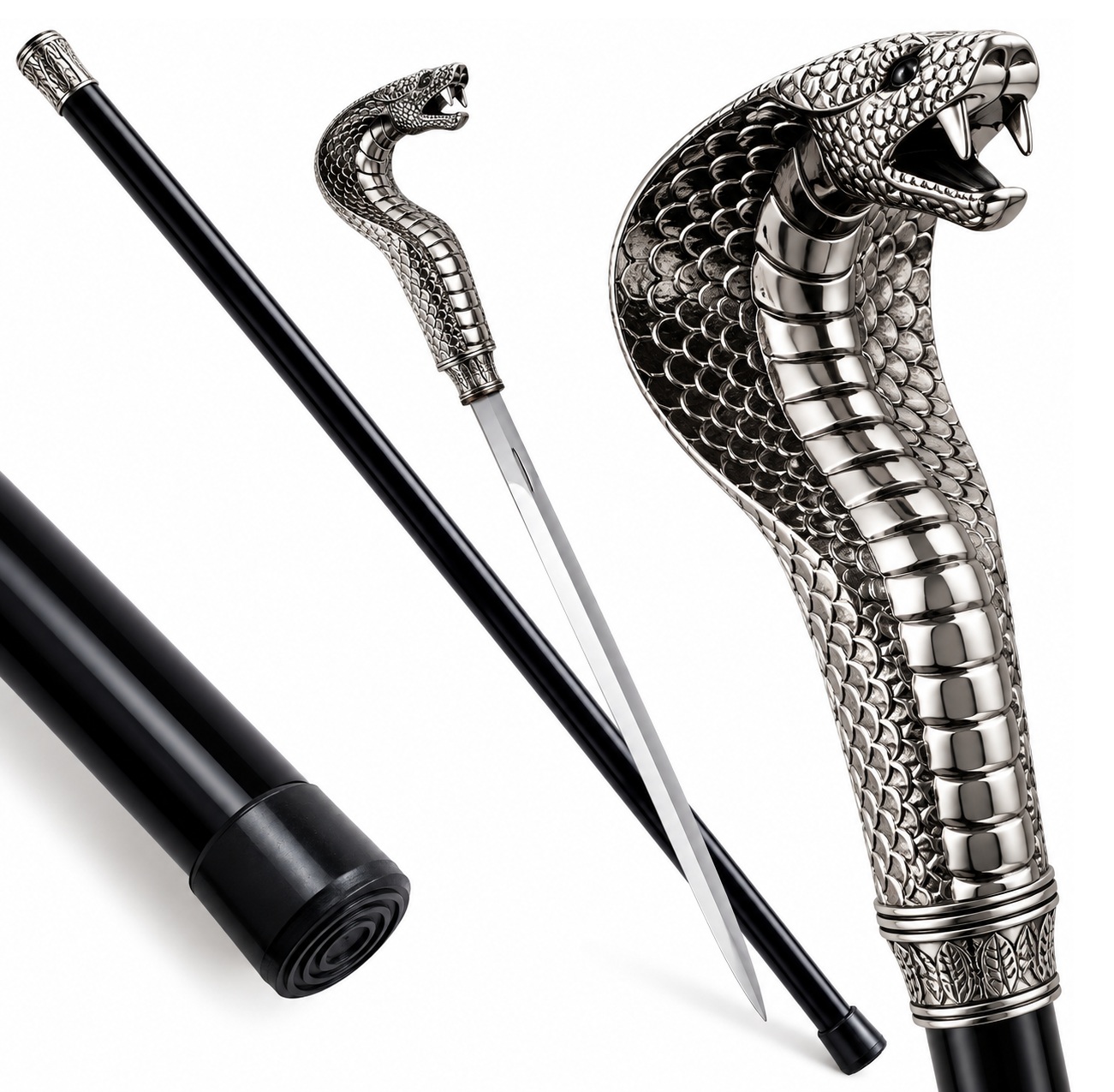Canne épée cobra de collection avec fourreau noir, lame en acier et poignée serpent argentée