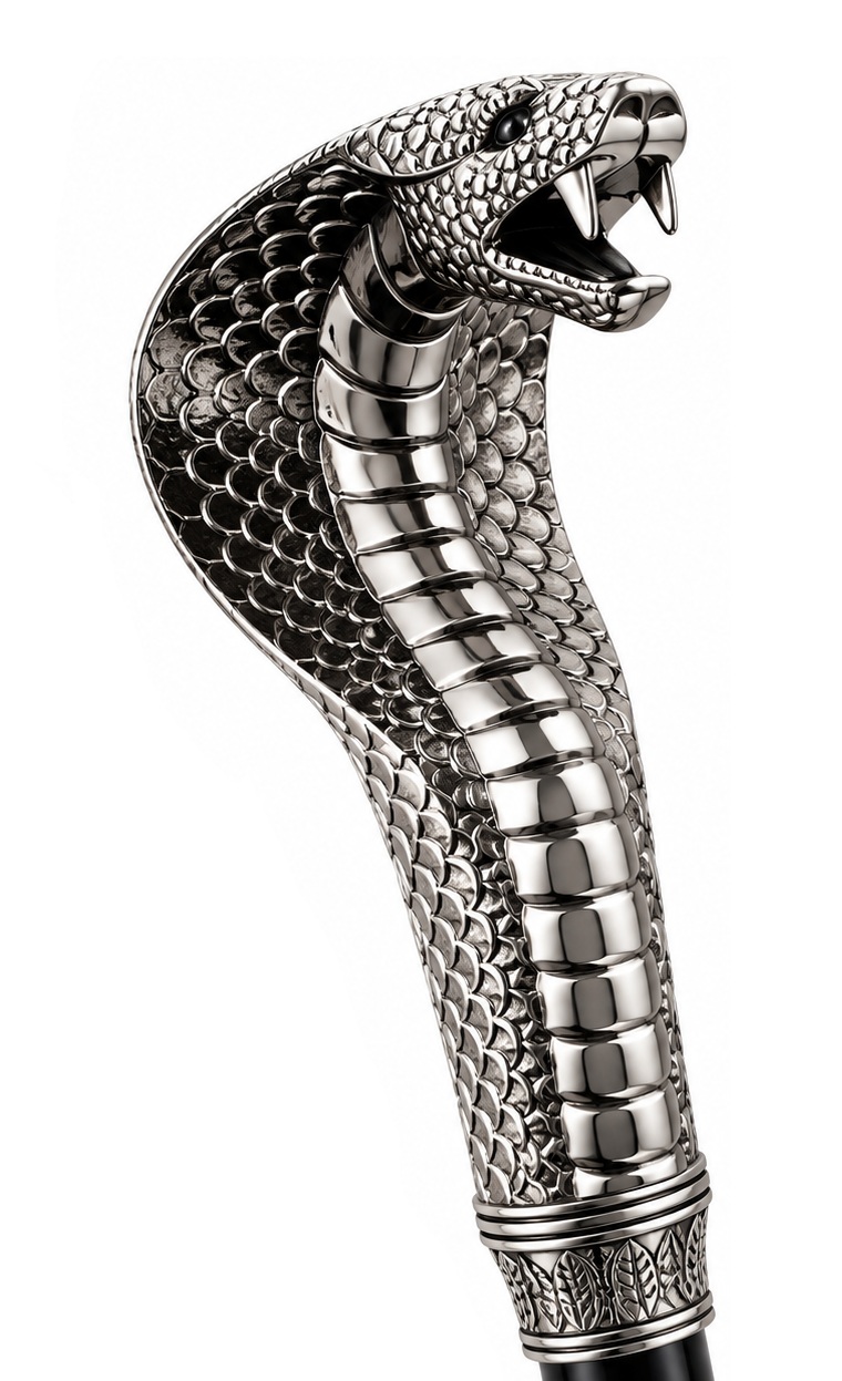 Poignée de canne épée en forme de cobra argenté avec écailles détaillées, capuchon déployé et crocs apparents sur fond blanc.