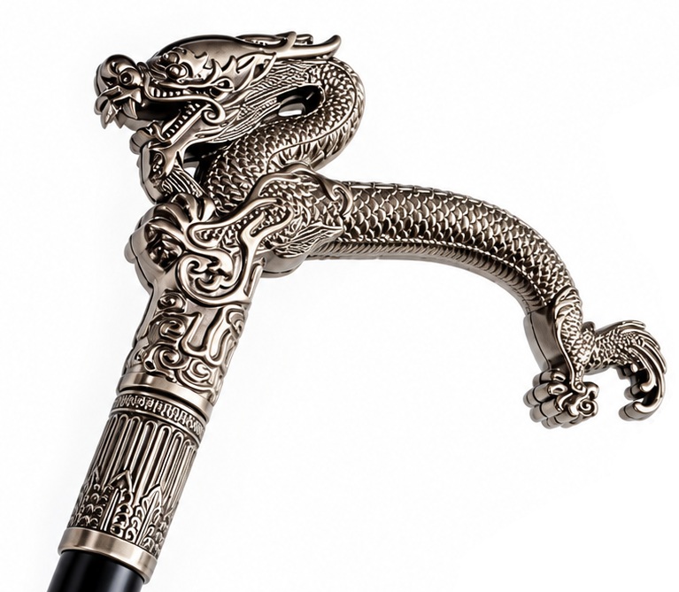 Canne épée dragon argentée avec poignée dragon sculptée aux détails raffinés