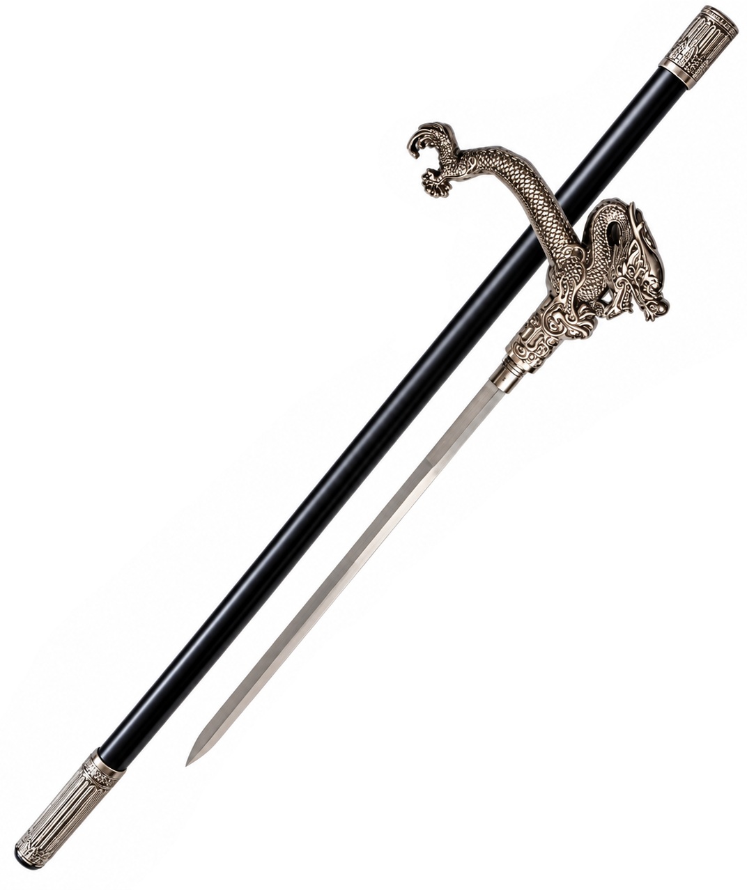 Canne épée dragon argentée avec épée en acier sortie du fourreau