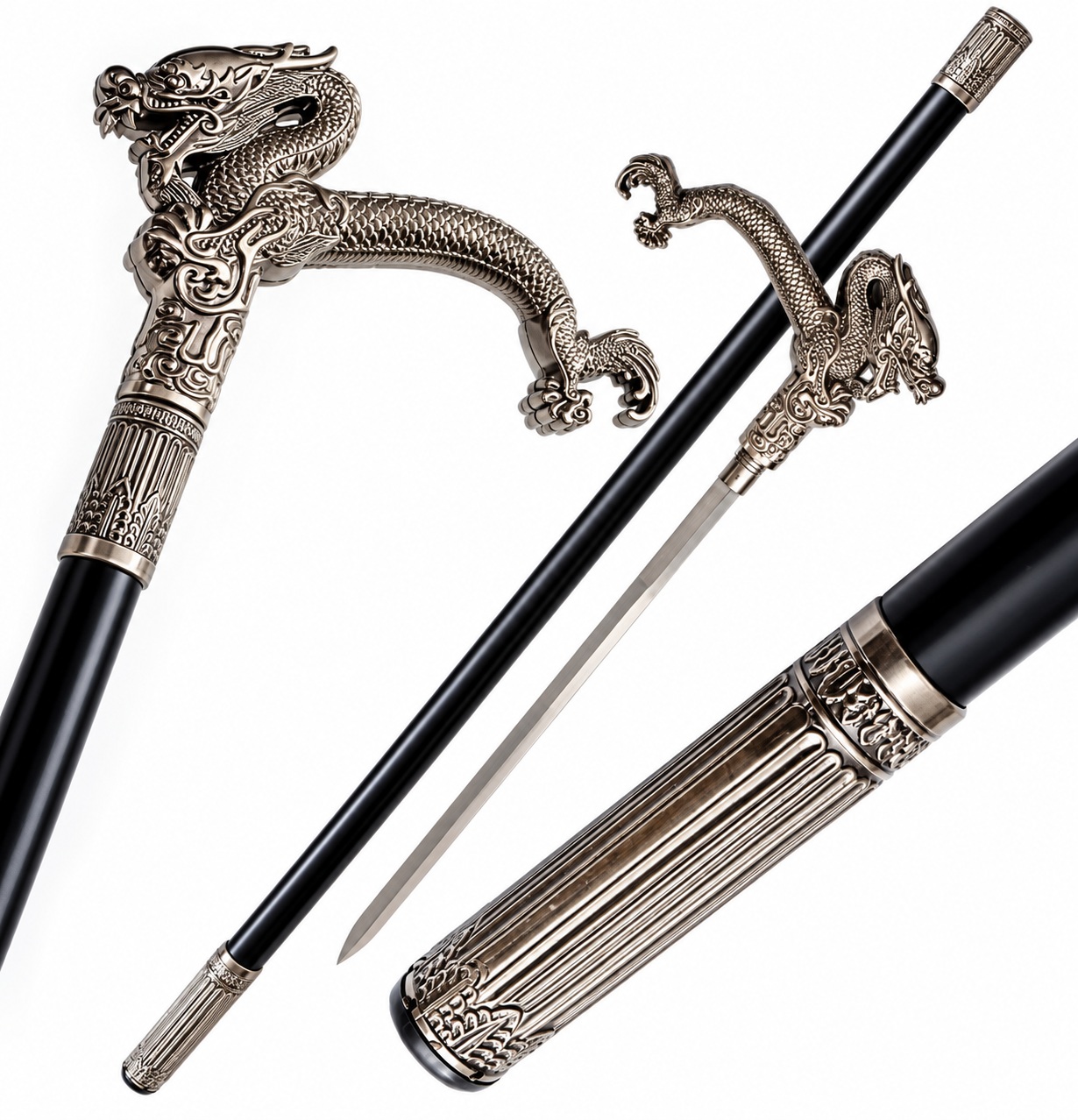 Canne épée dragon de collection avec lame intégrée et fourreau noir élégant