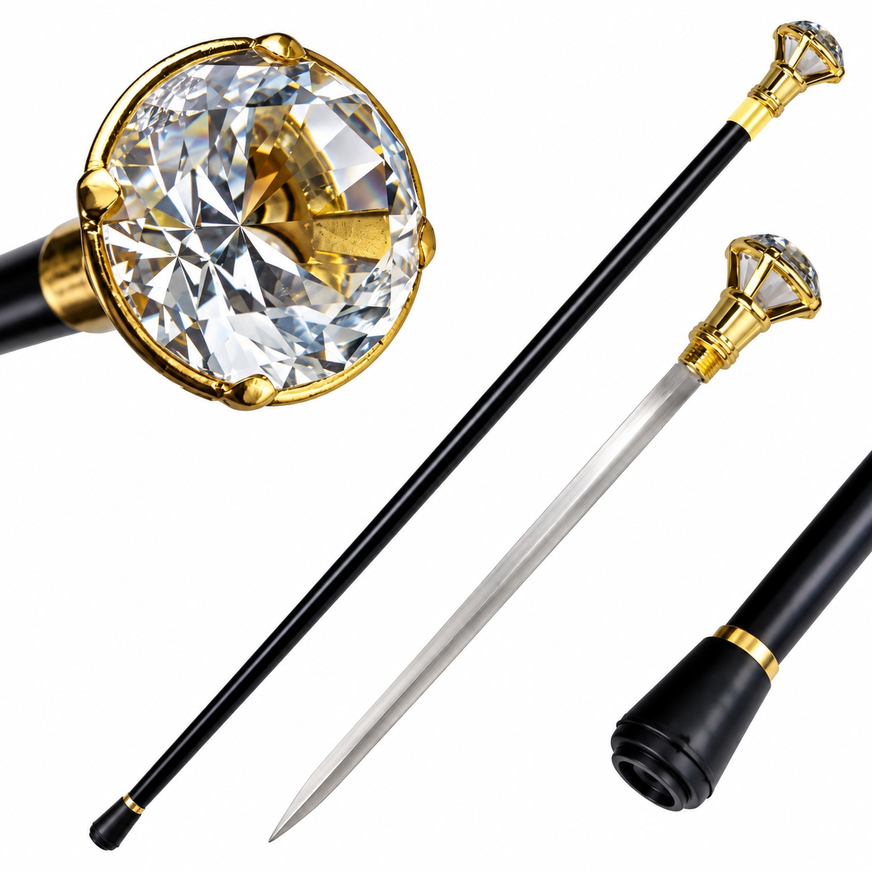 Canne épée facettée dorée luxe 94 cm avec lame intégrée en acier et pommeau facetté élégant.