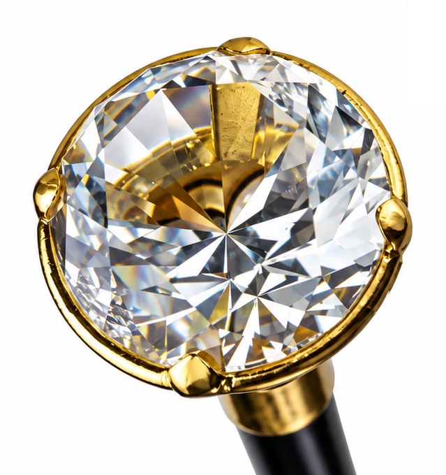 Détail du pommeau facetté doré de la canne épée luxe au design raffiné et brillant.