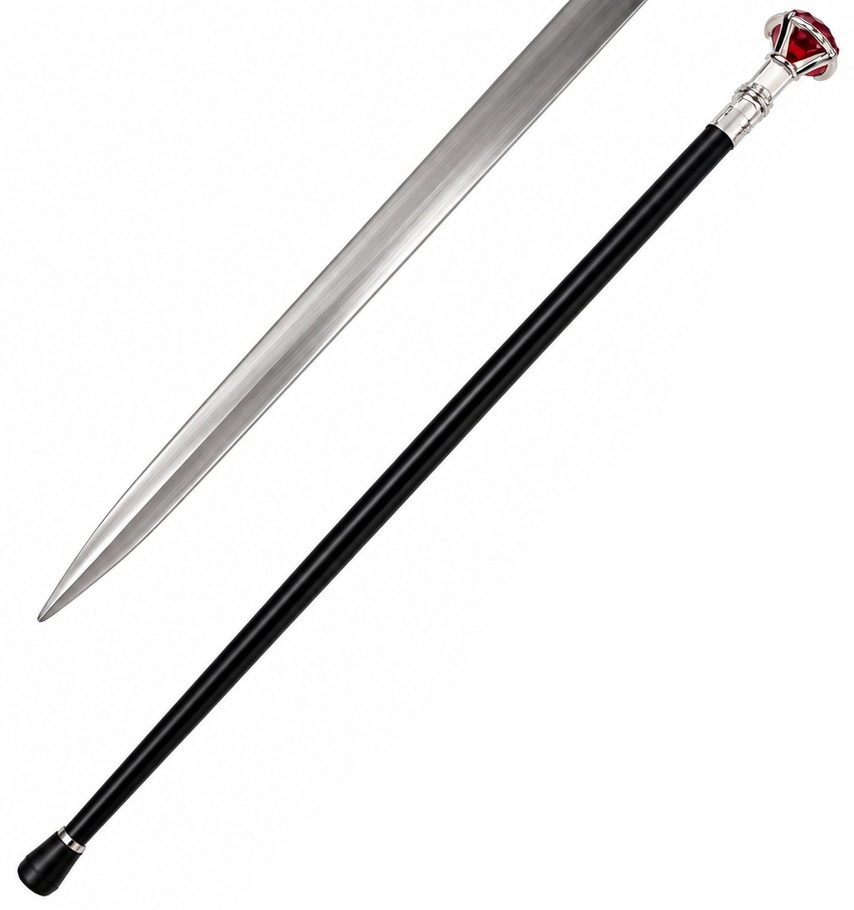 Canne épée rouge facettée avec lame intégrée en acier et finition argentée, accessoire de collection élégant et raffiné.