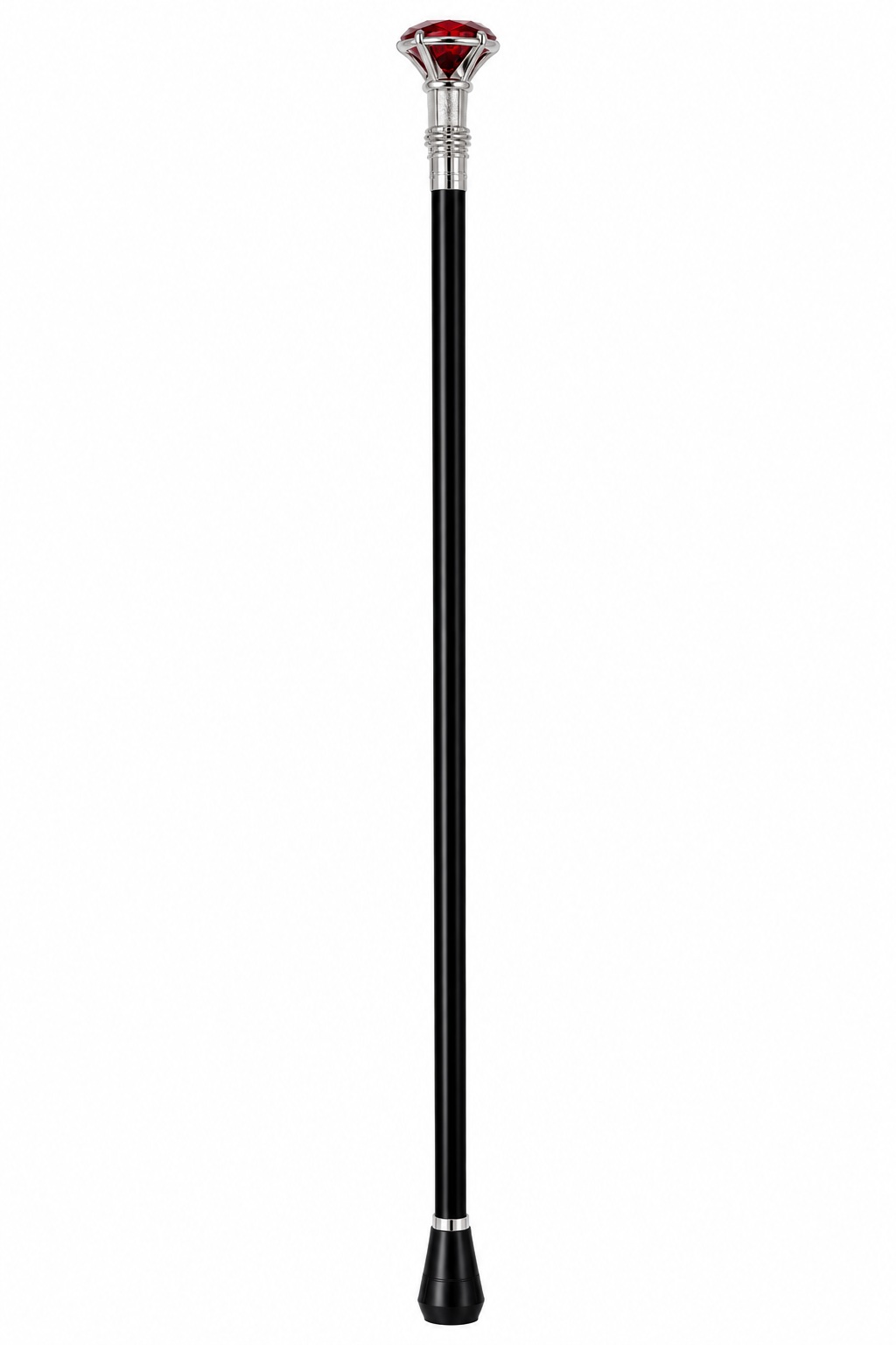 Canne épée rouge facettée de luxe sur fond blanc, bâton de marche élégant avec pommeau rouge style pierre précieuse.