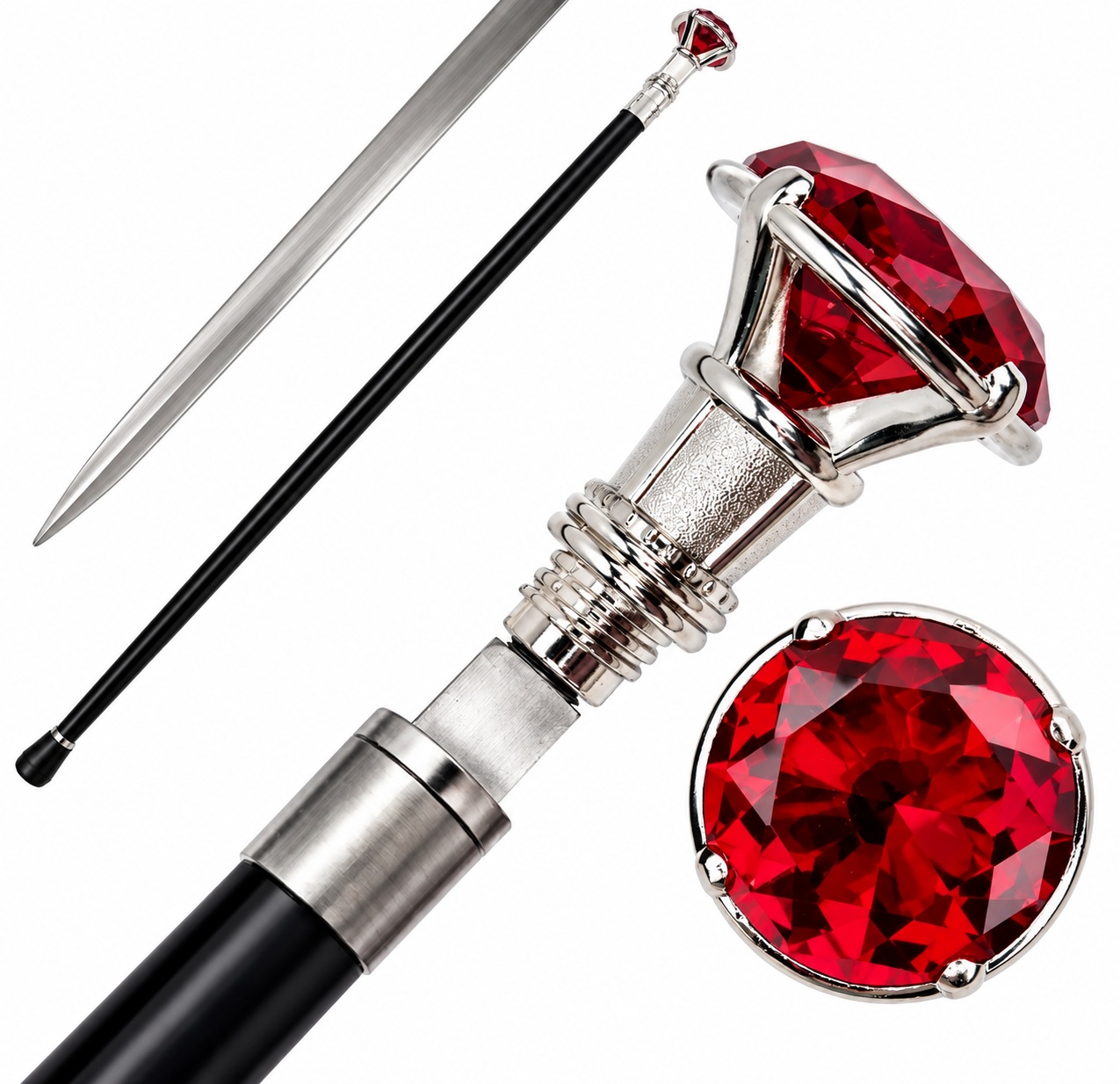 Canne épée luxe rouge facettée avec lame dissimulée, vue densemble du pommeau rouge et des détails métalliques argentés.