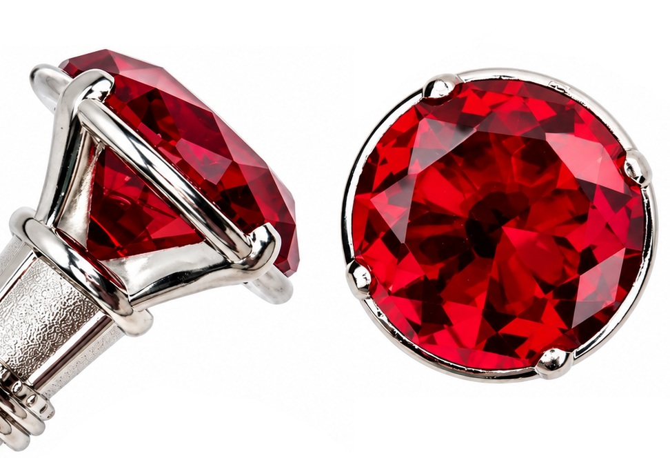 Pommeau rouge facetté style rubis sur canne épée de luxe, détail de la monture argentée et finitions brillantes.