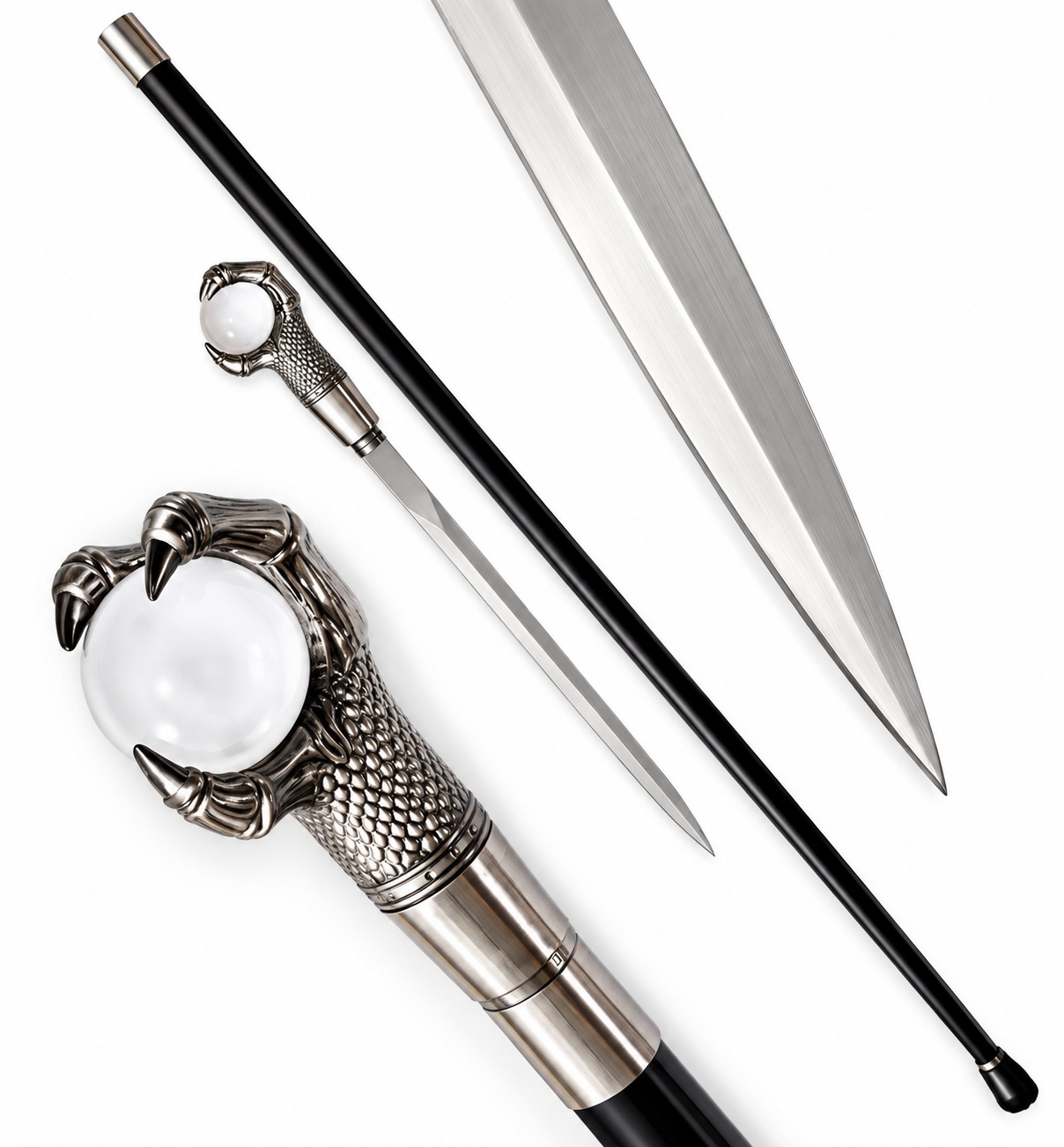 Détail de la canne épée Dragon Cristal luxe avec poignée griffe et lame en acier