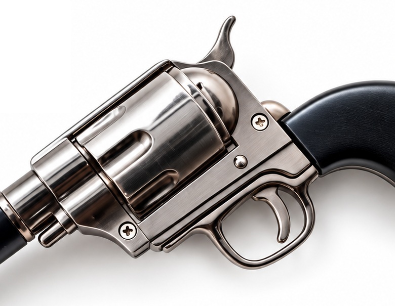 Canne épée revolver luxe avec poignée style colt en métal poli, détails raffinés et finition élégante.