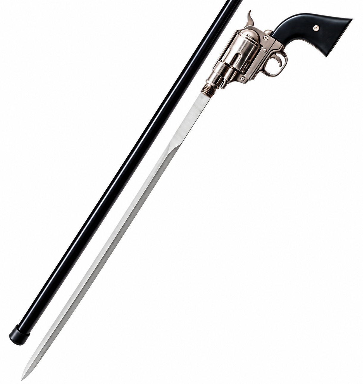Canne épée revolver avec lame dégainée en acier inoxydable, fourreau noir et poignée décorative style western.