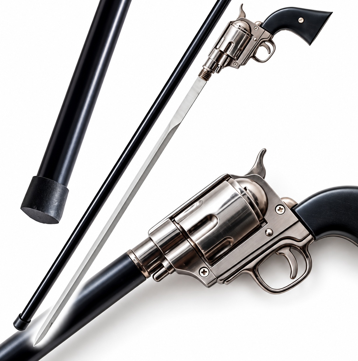 Canne épée revolver de collection avec lame dégainée, fourreau noir et poignée inspirée d’un revolver western.