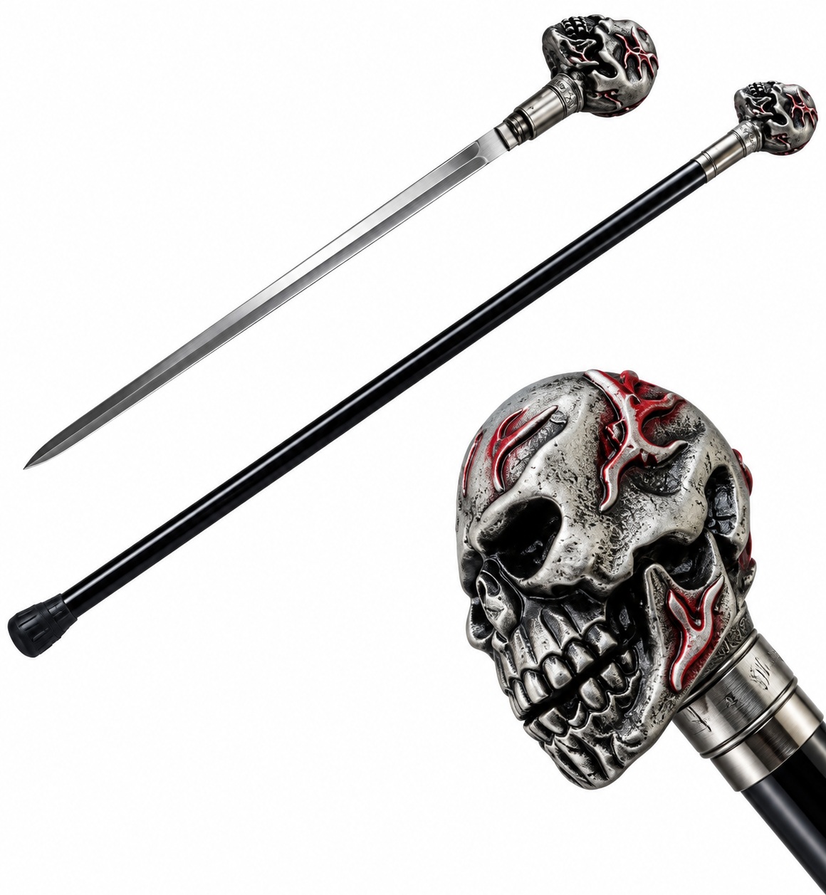 Canne épée noire à poignée tête de mort métallique rouge et argent, accompagnée d’un gros plan détaillé du pommeau sculpté.