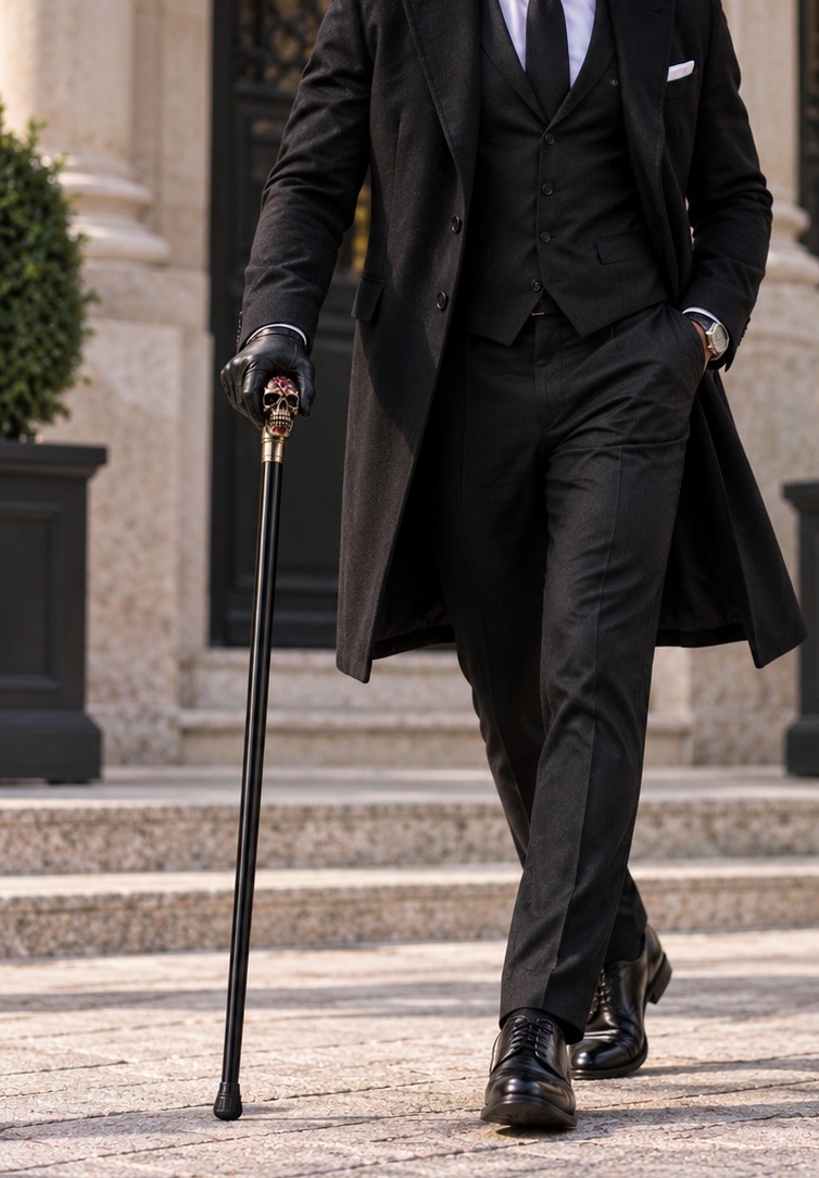 Homme élégant en costume noir marchant avec une canne épée à poignée tête de mort, devant un bâtiment de prestige.