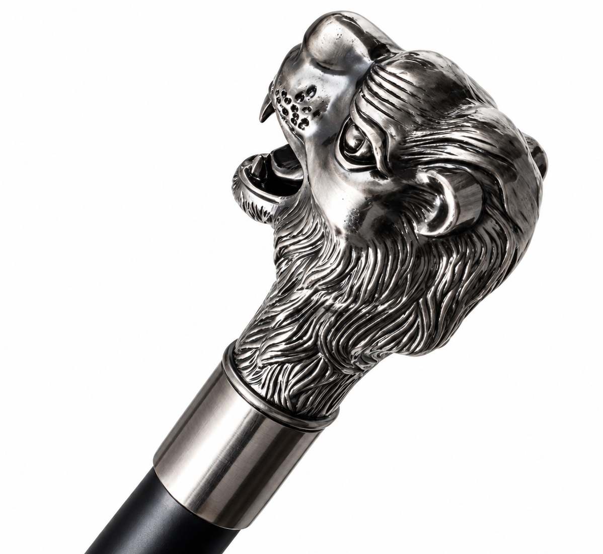 Canne de collection noire avec poignée lion sculptée en métal