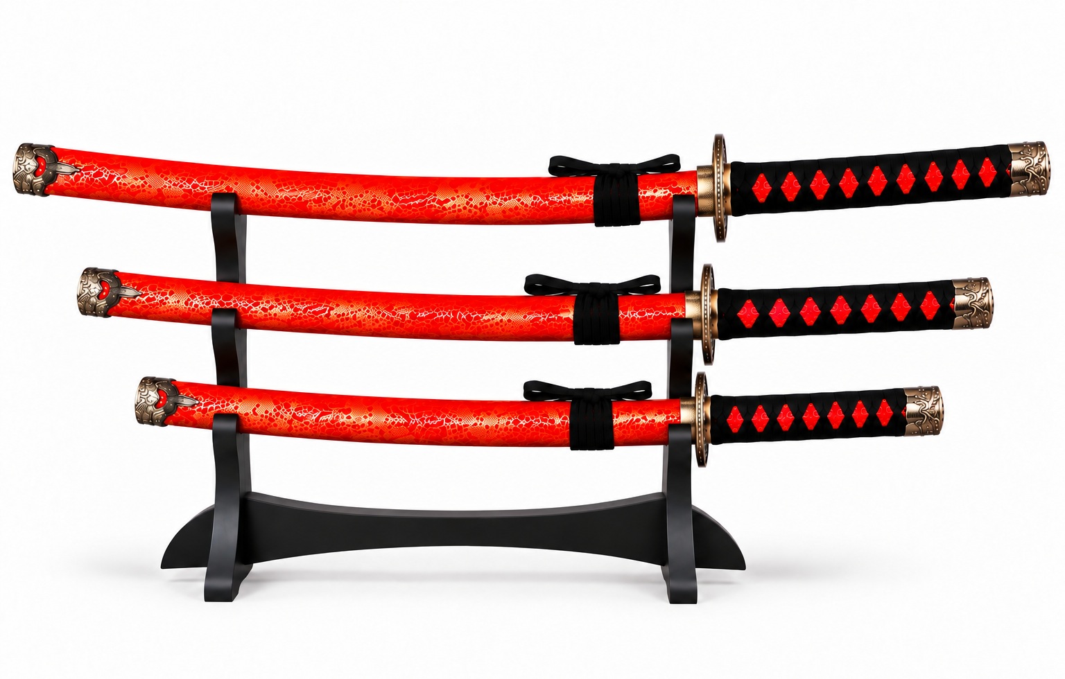 Coffret de 3 katanas rouges japonais sur présentoir noir avec poignées noires tressées et fourreaux rouges
