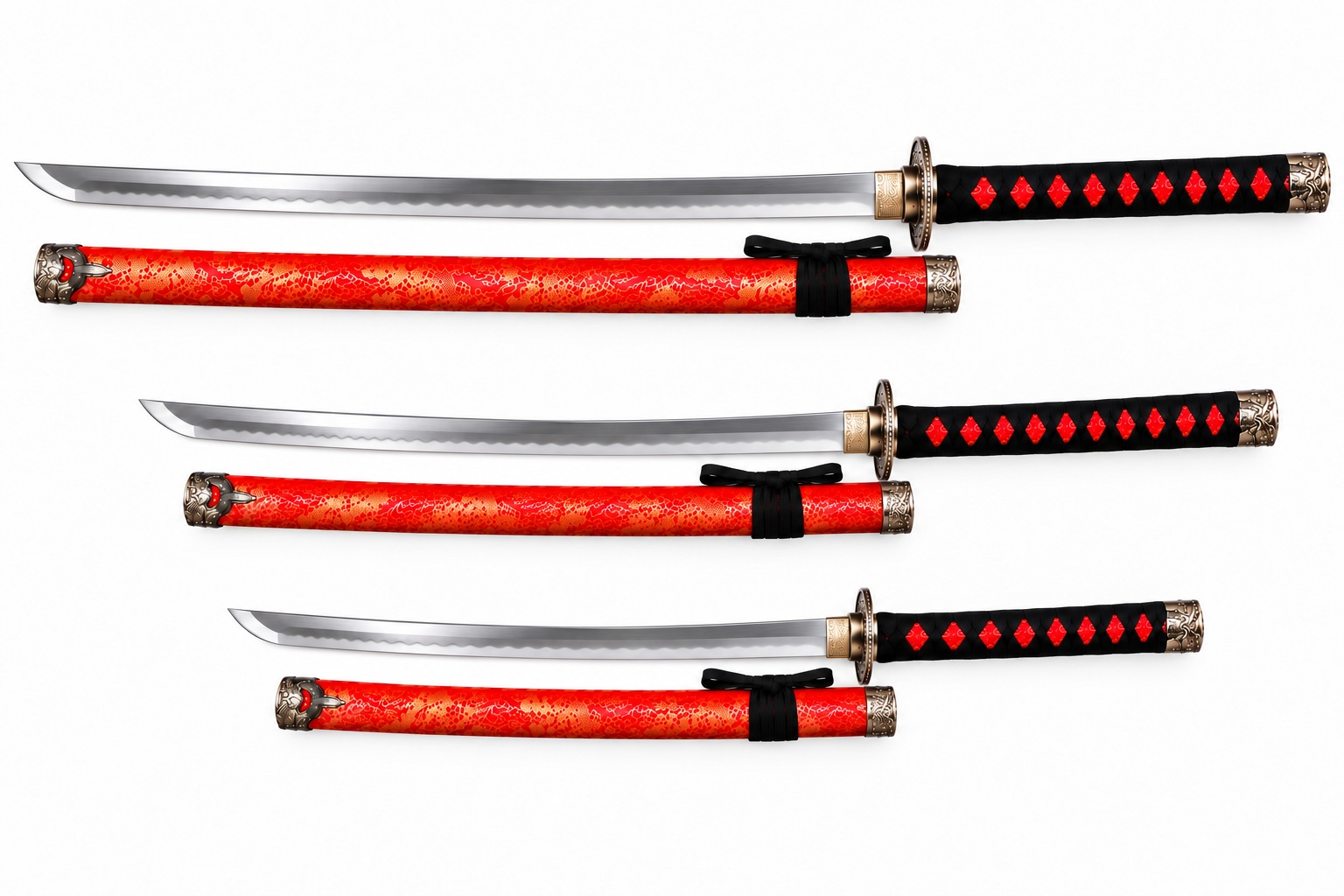 Collection de 3 katanas japonais rouges avec lames acier et fourreaux décorés motif rouge dragon