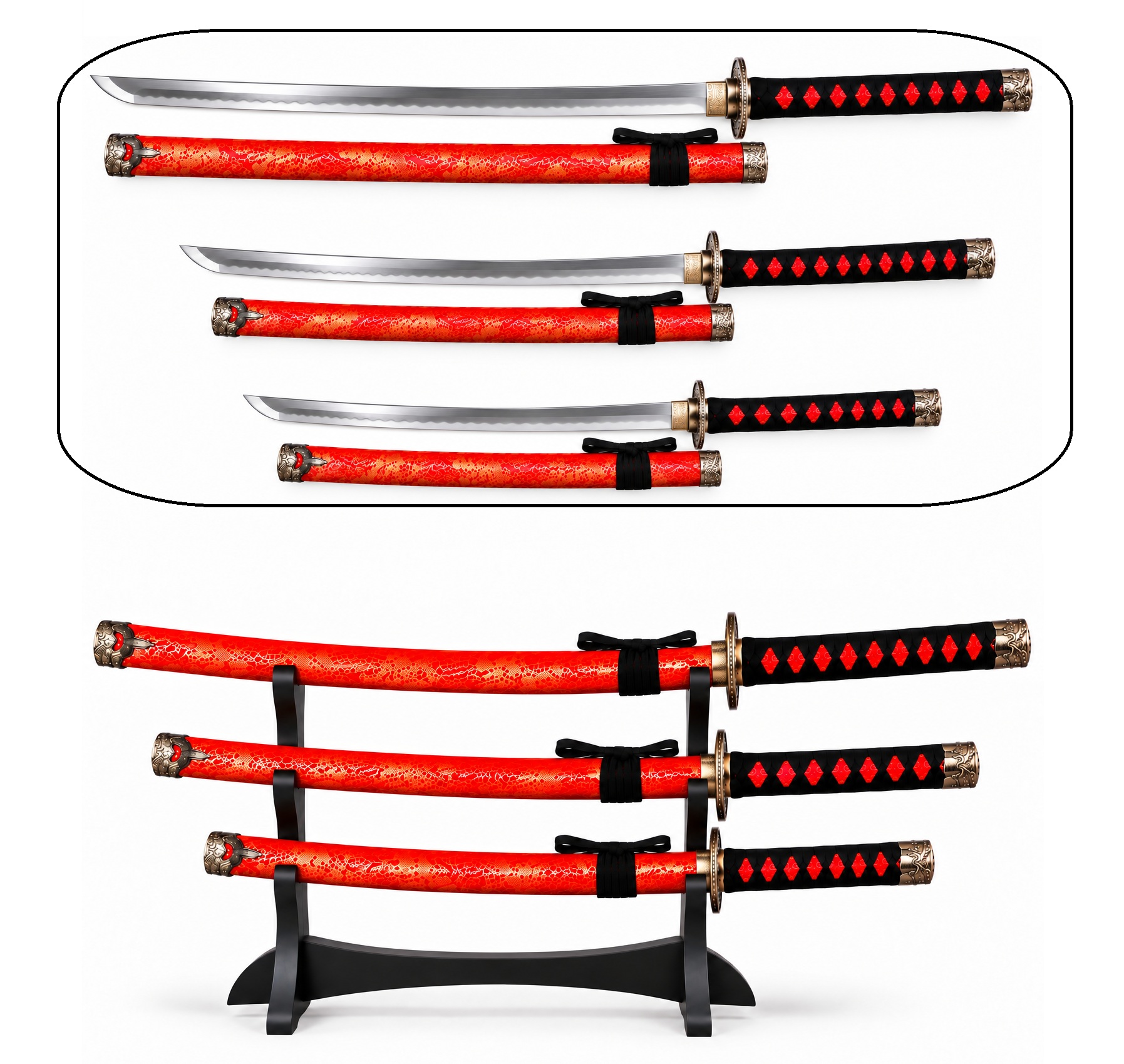 Ensemble de 3 katanas japonais rouges avec support noir en bois - katana, wakizashi et tanto décoratifs
