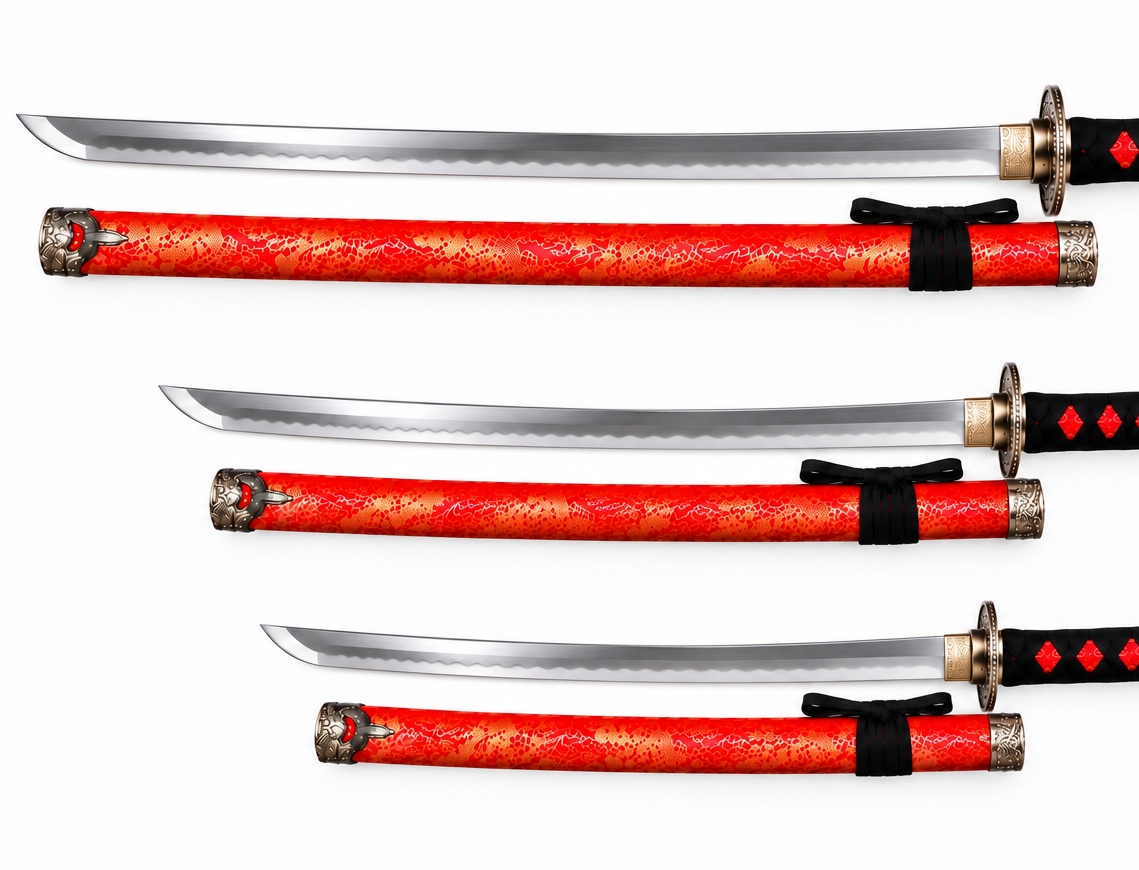 Set de 3 sabres japonais rouges avec lames apparentes et fourreaux assortis rouge et noir