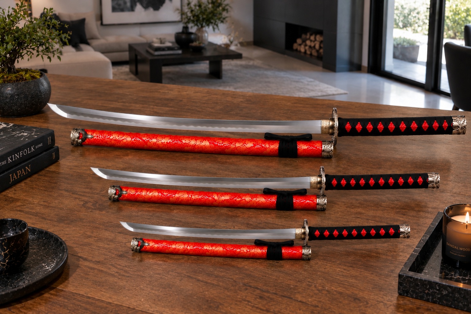 Ensemble katana wakizashi et tanto rouges exposés dans un salon moderne sur table en bois