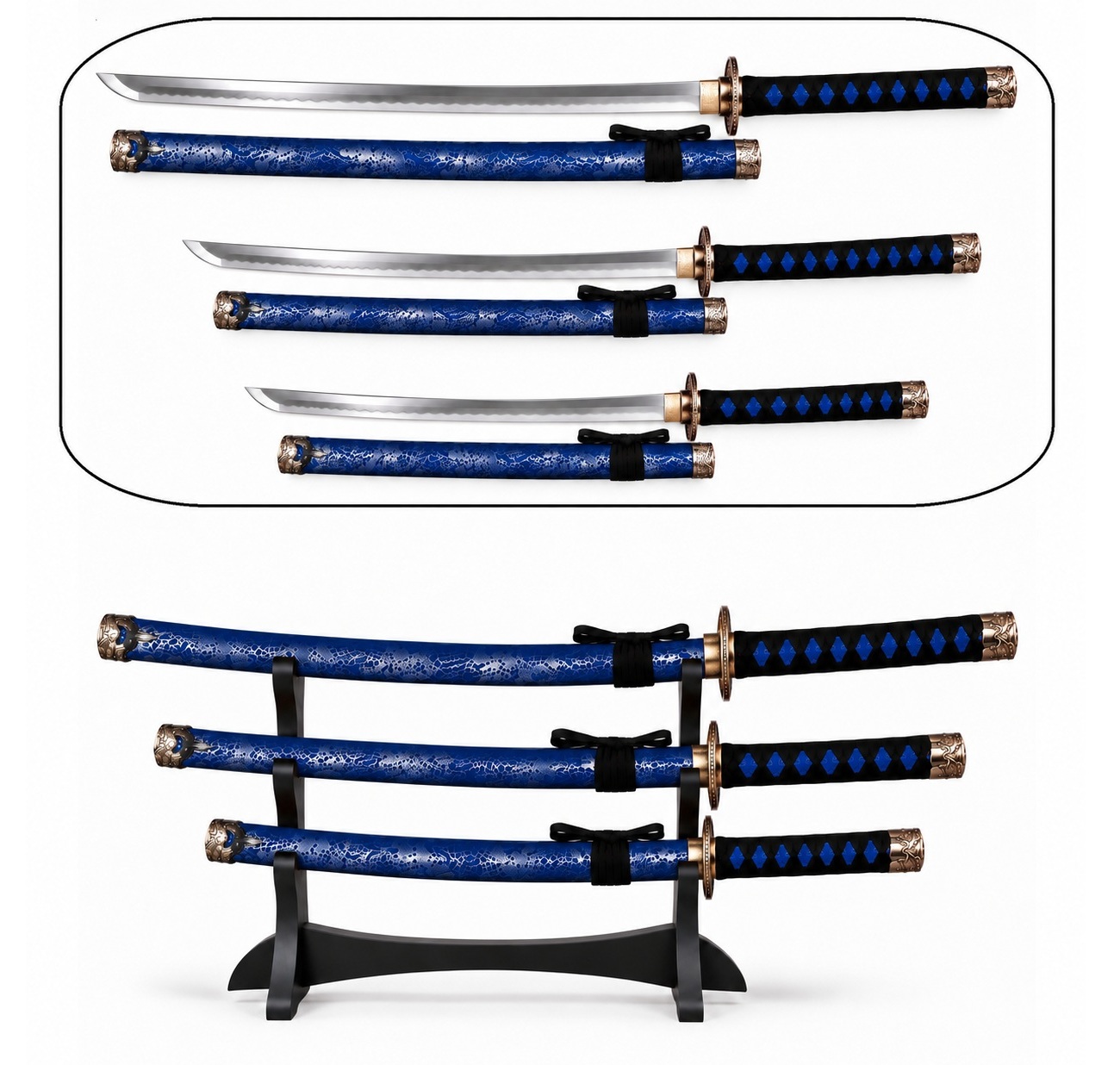 Collection de katanas japonais bleu nuit comprenant katana wakizashi et tanto avec support de présentation