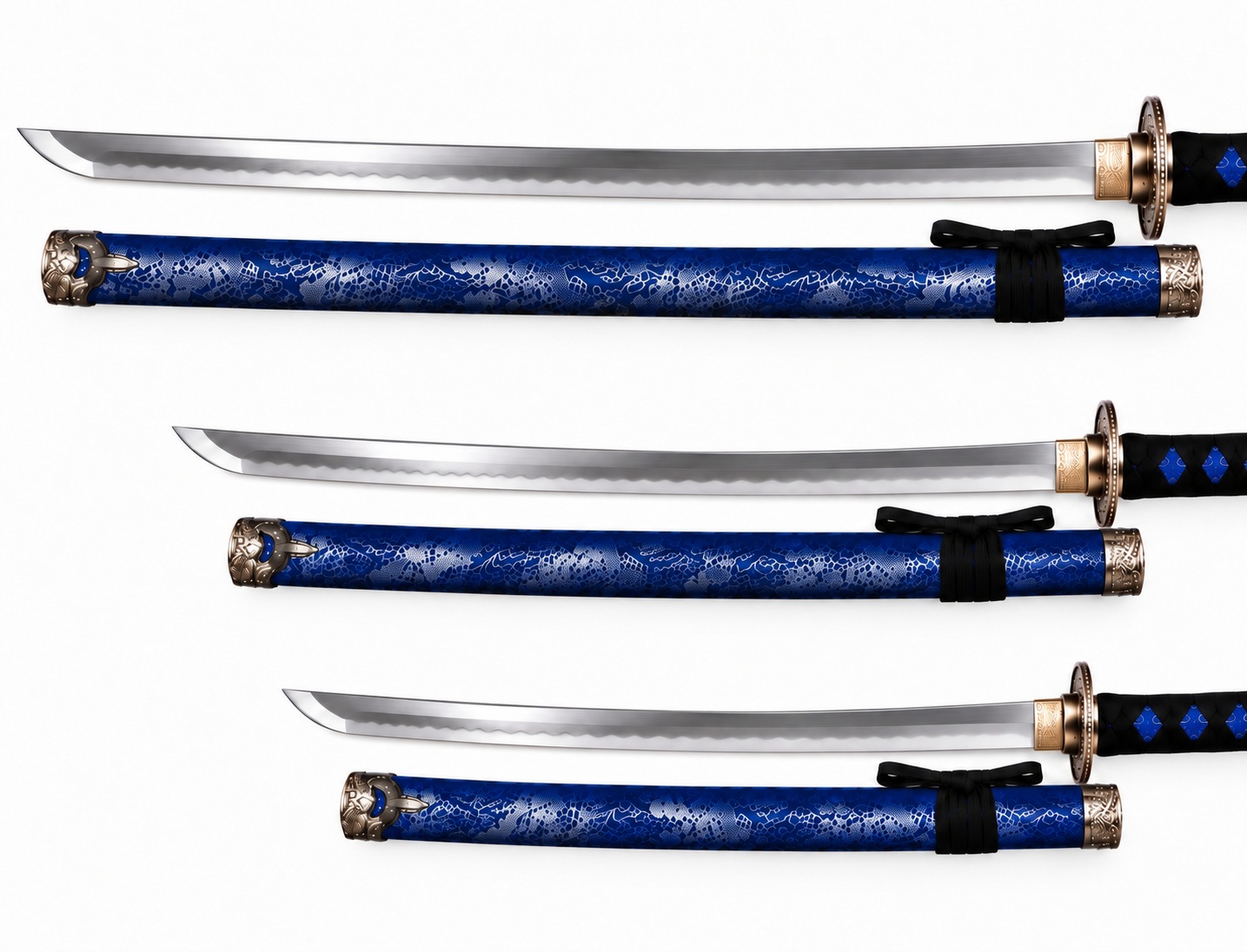 Détail de katanas japonais bleu nuit avec fourreaux gravés, poignées noires tressées et lames polies
