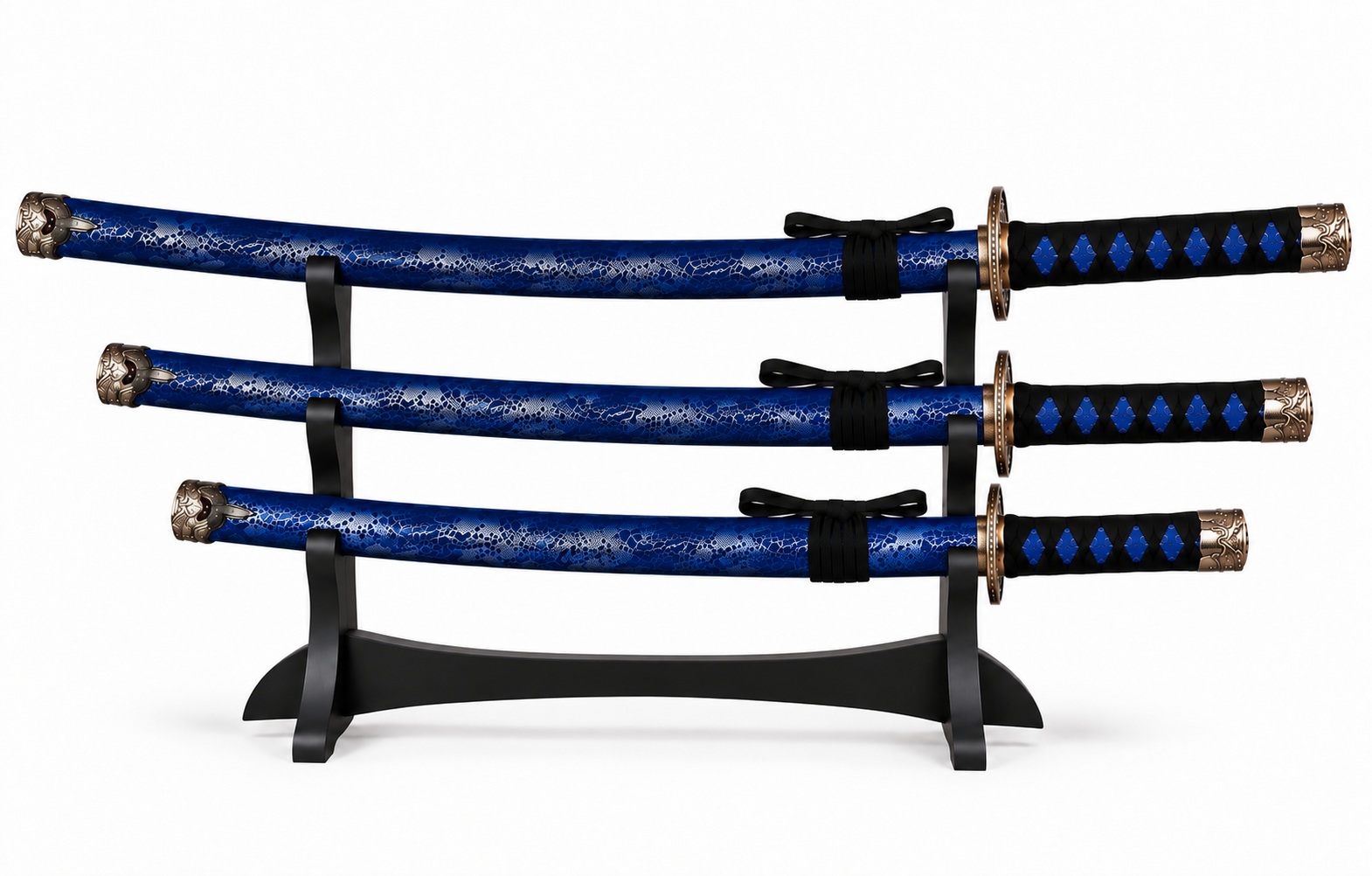 Ensemble de 3 katanas japonais bleu nuit décoratifs sur présentoir noir avec fourreaux texturés et poignées tressées