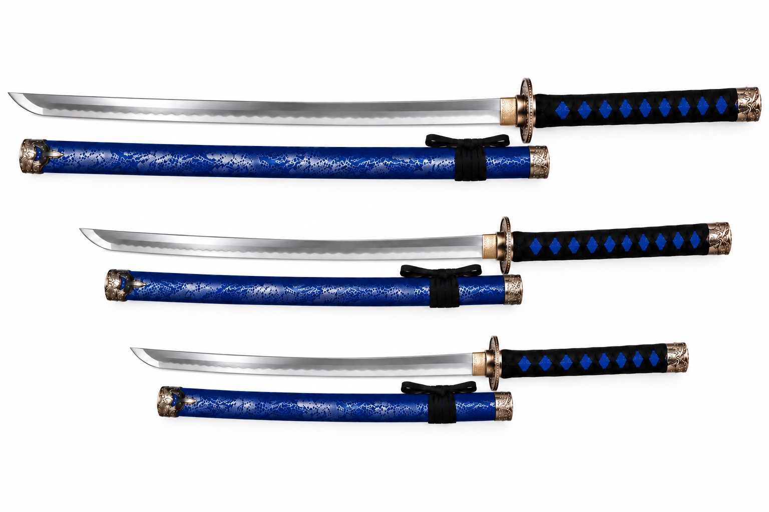 Set de 3 katanas bleu nuit avec lames courbées en acier et fourreaux japonais motif dragon sur fond blanc