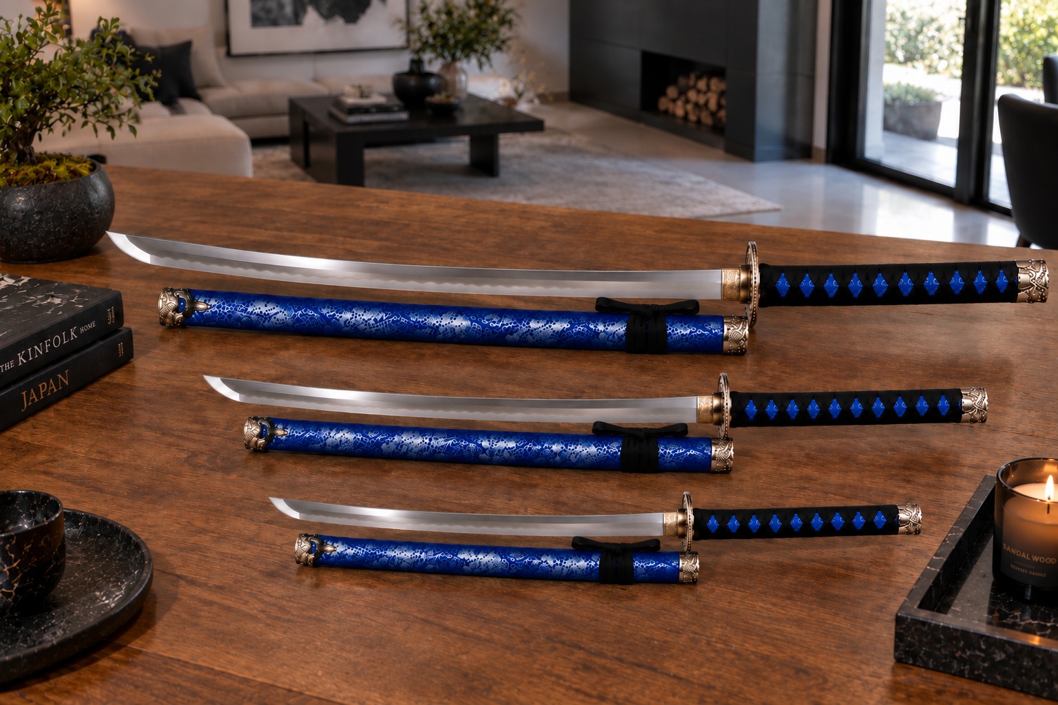 Katanas décoratifs bleu nuit exposés sur table en bois dans un intérieur moderne de style japonais