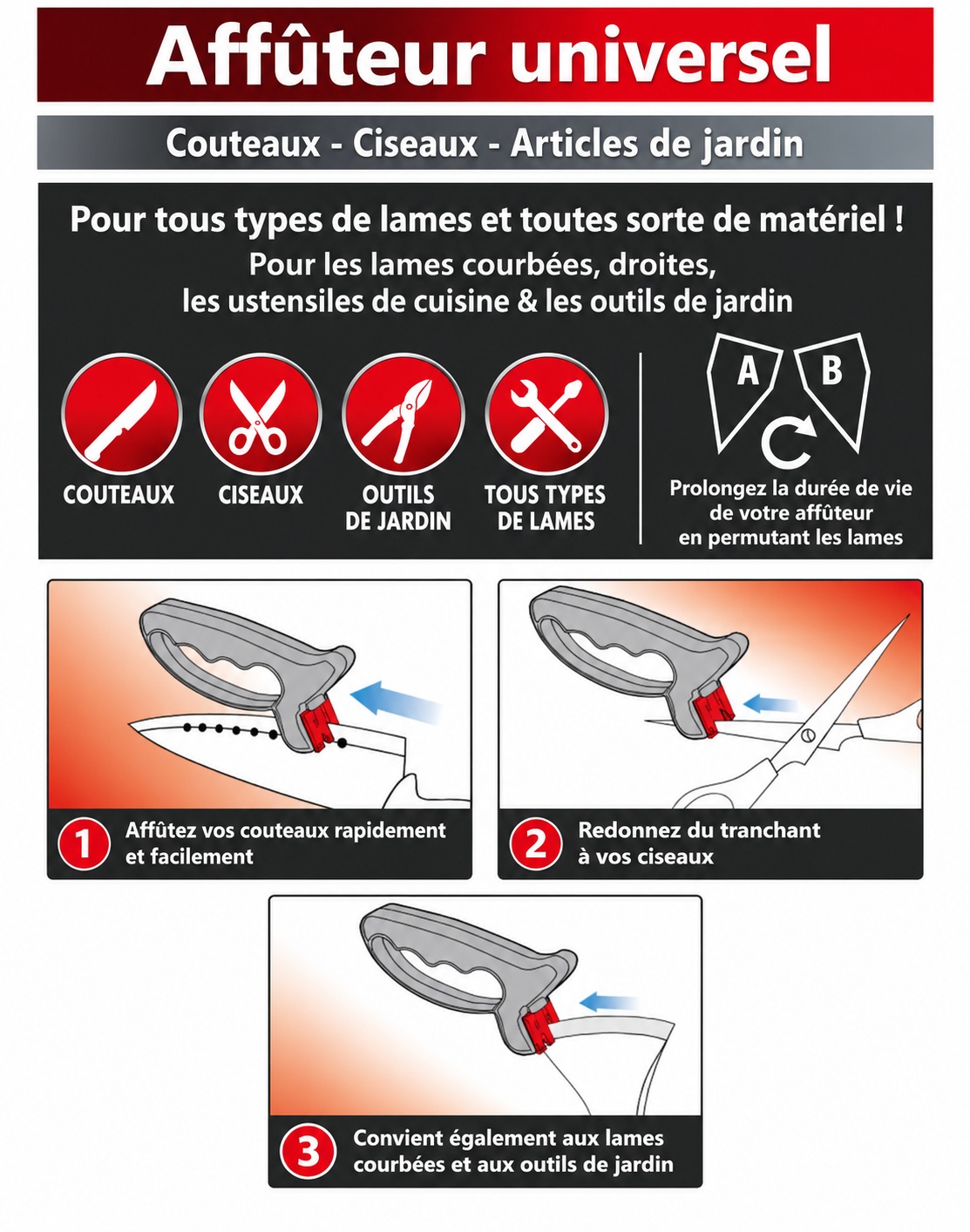 Affûteur aiguiseur universel pour couteaux, ciseaux et outils de jardin avec guide dutilisation