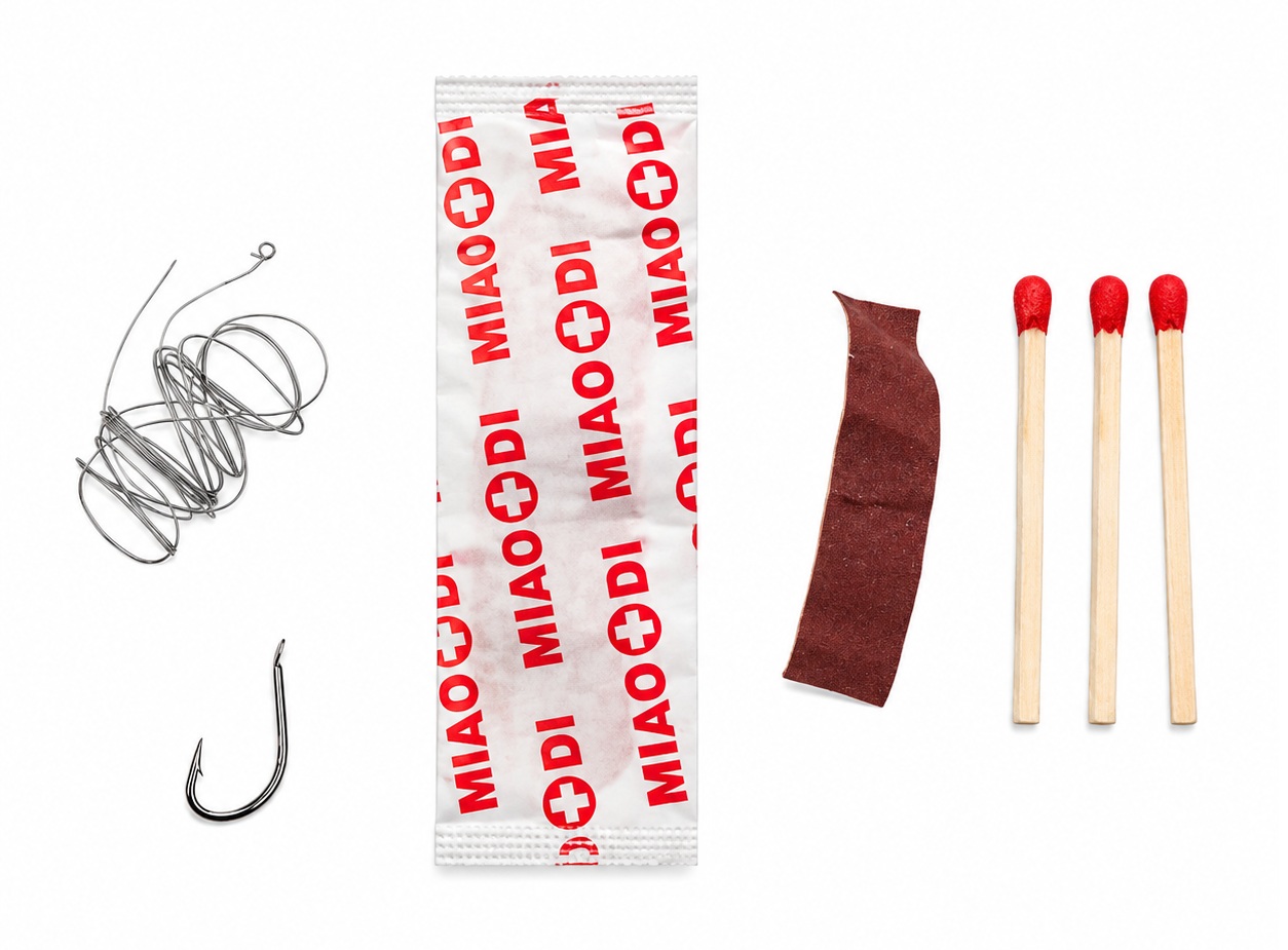 Kit de survie intégré au manche du couteau Commando avec hameçon fil allumettes et pansement