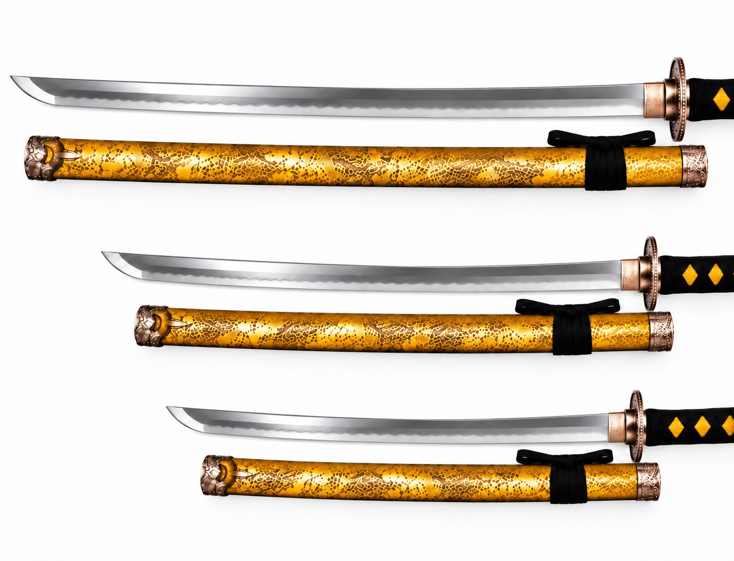Détail de katanas japonais jaune doré motif dragon avec poignées noires et lames acier brillantes