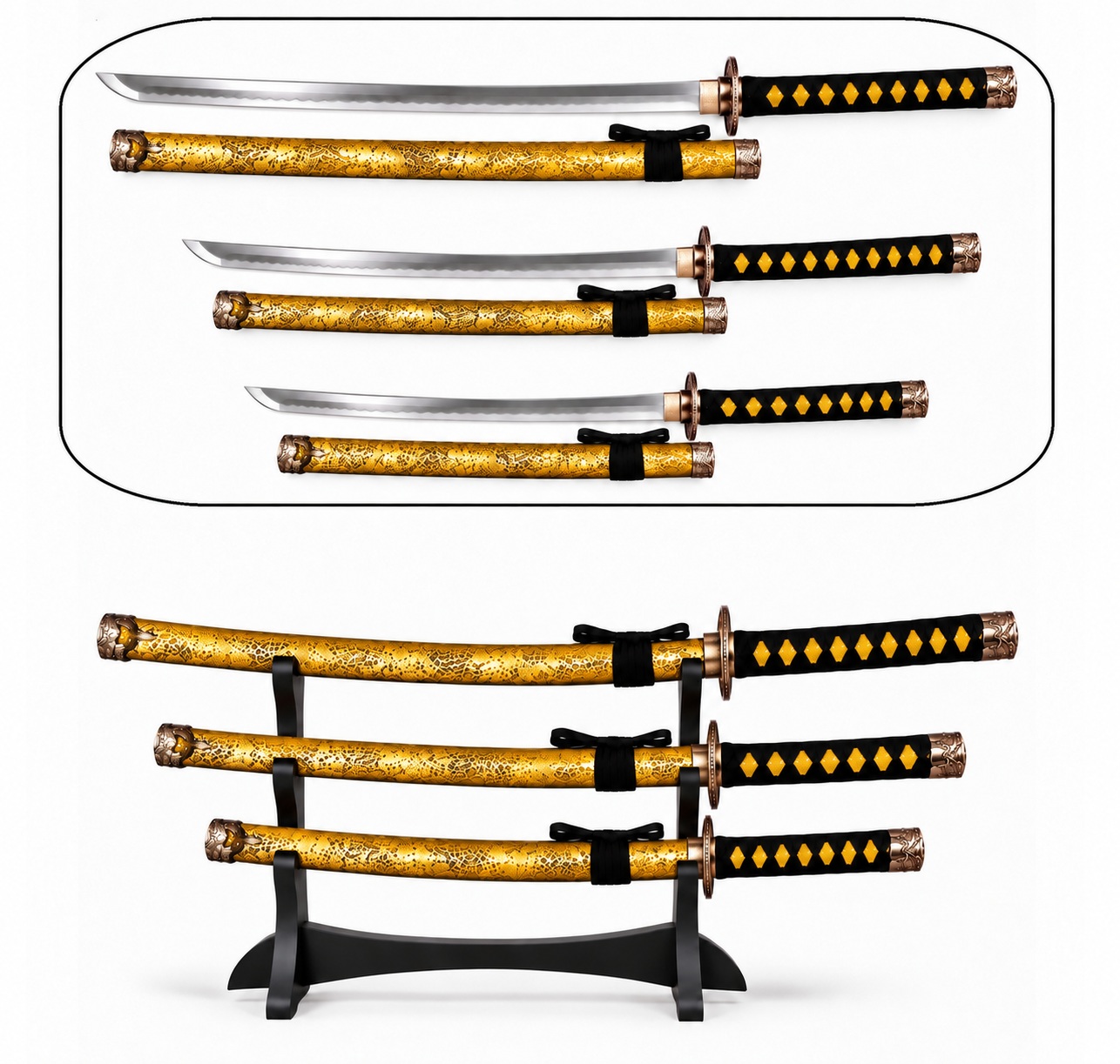 Ensemble katana wakizashi tanto jaune doré motif dragon japonais avec lames acier polies et support noir