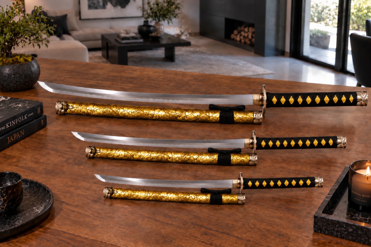 Ensemble de sabres japonais jaune doré exposé sur table en bois dans un intérieur moderne